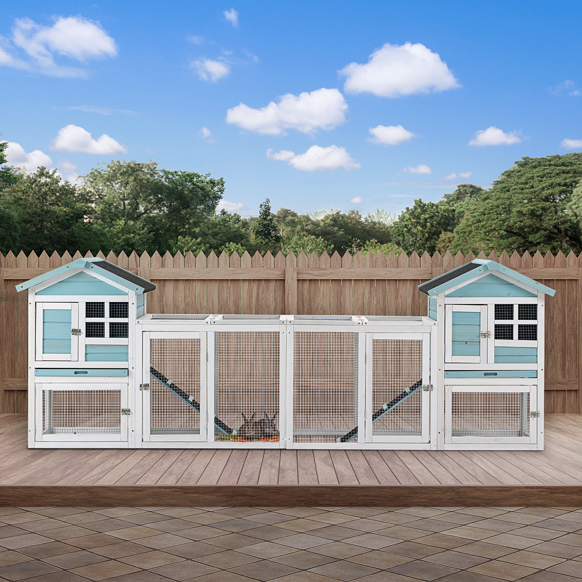 PawHut 102" 2 in 1 Wooden Rabbit Hutch Double Main House Pet Playpen Large Bunny House Enclosure for Indoor Outdoor with Run Box, Slide-out Tray, Ramp, for Rabbits and Small Animals, Blue