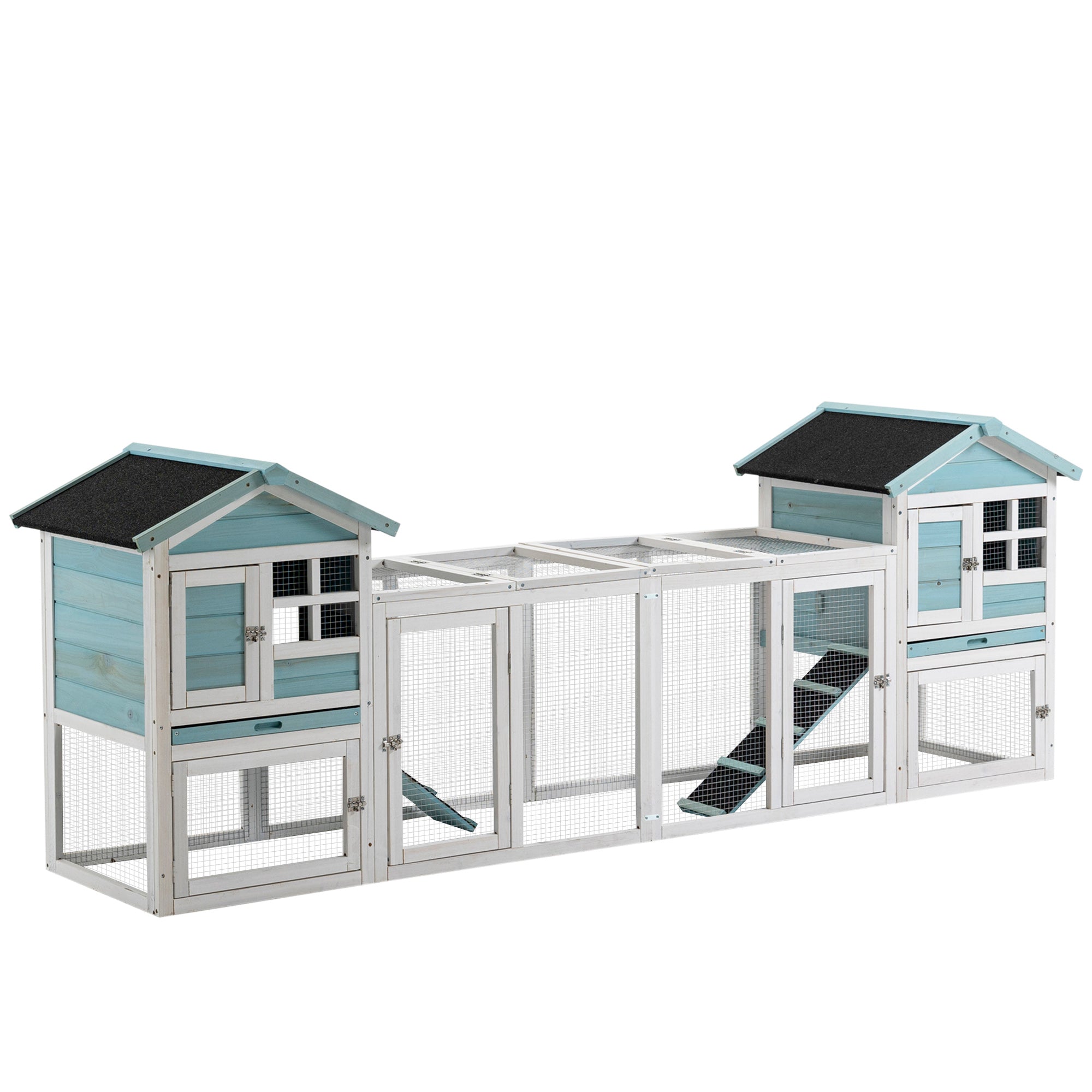 PawHut 102" 2 in 1 Wooden Rabbit Hutch Double Main House Pet Playpen Large Bunny House Enclosure for Indoor Outdoor with Run Box, Slide-out Tray, Ramp, for Rabbits and Small Animals, Blue