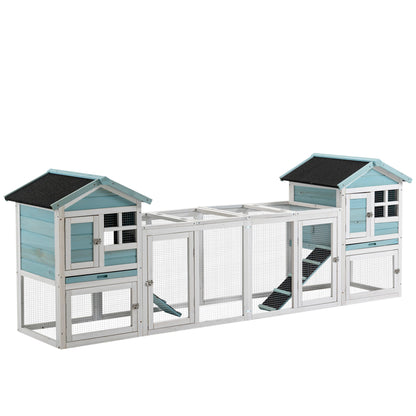 PawHut 102" 2 in 1 Wooden Rabbit Hutch Double Main House Pet Playpen Large Bunny House Enclosure for Indoor Outdoor with Run Box, Slide-out Tray, Ramp, for Rabbits and Small Animals, Blue