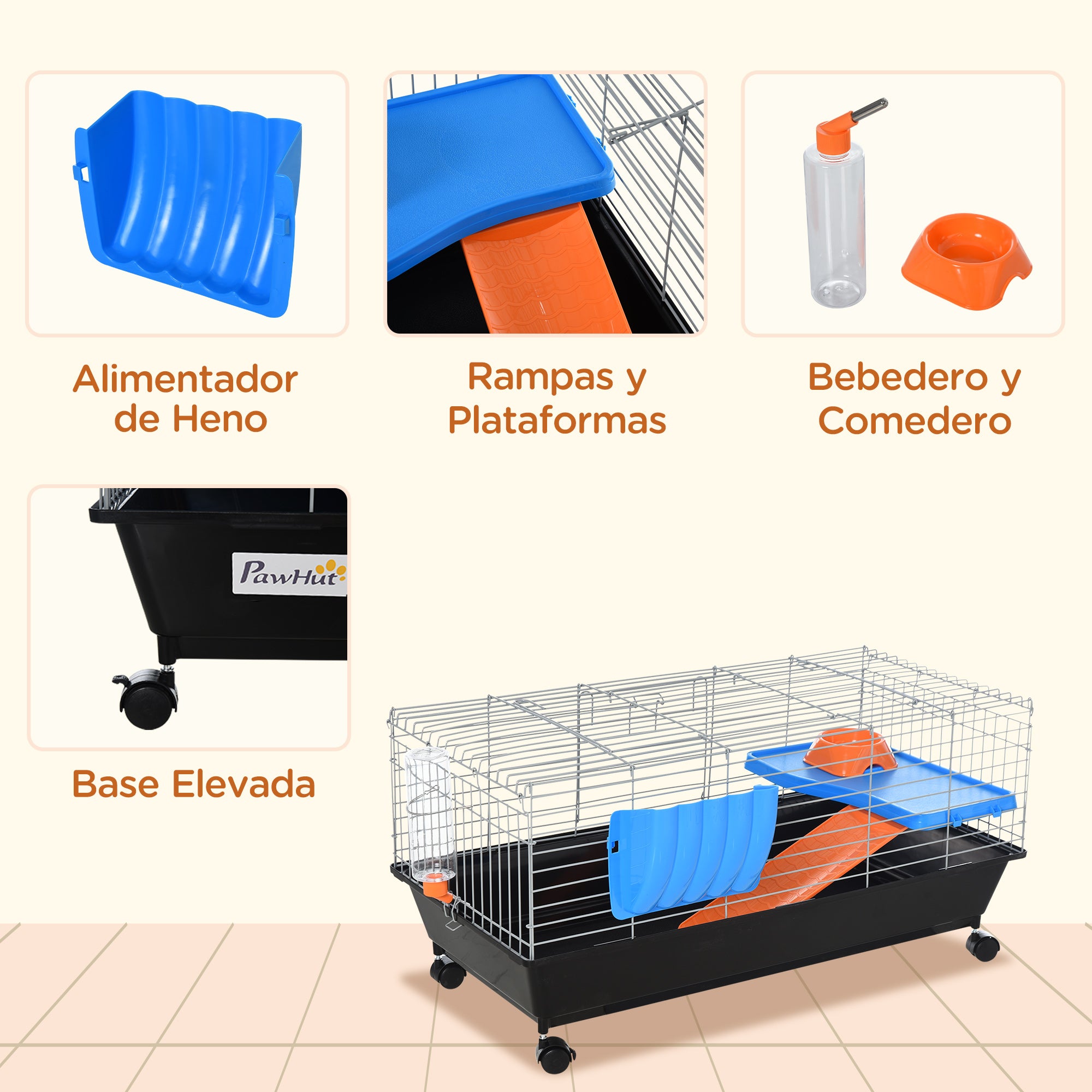 PawHut 35" Small Animal Cage, Rolling Bunny Cage, Guinea Pig Cage with Food Dish, Water Bottle, Hay Feeder, Platform, Ramp for Ferret Chinchilla, Black
