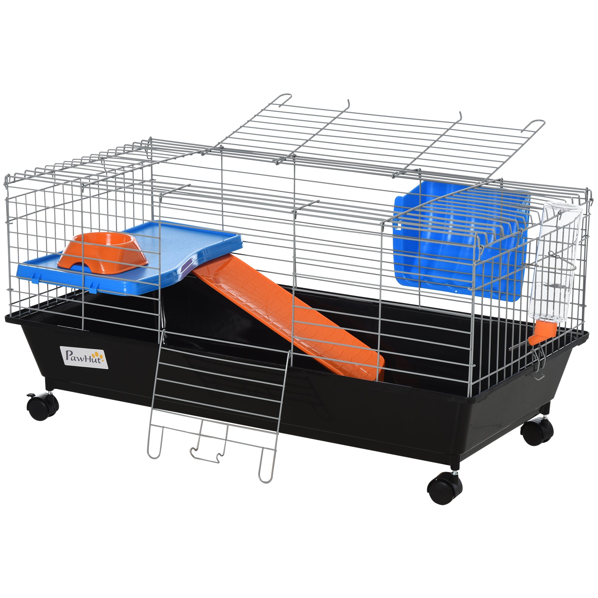 PawHut Small Animal Cage Rabbit Guinea Pigs Chinchillas Cage w/ Wheels Water Bottle Food Dish Platform Ramp 89 x 44 x 43 cm Black