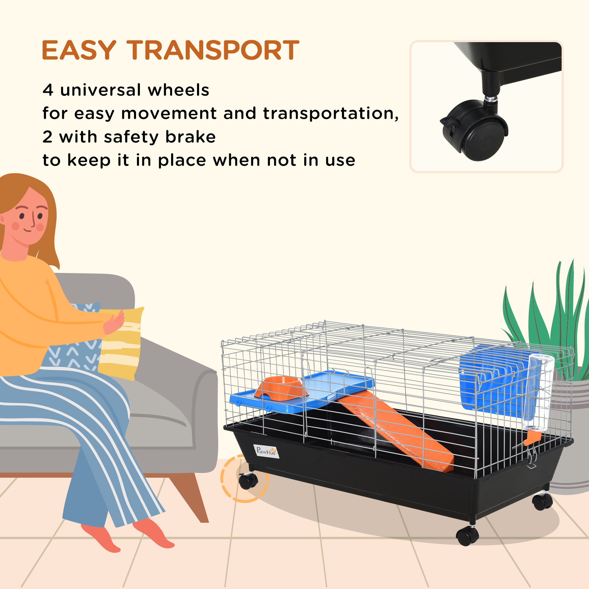 PawHut 35" Small Animal Cage, Rolling Bunny Cage, Guinea Pig Cage with Food Dish, Water Bottle, Hay Feeder, Platform, Ramp for Ferret Chinchilla, Black