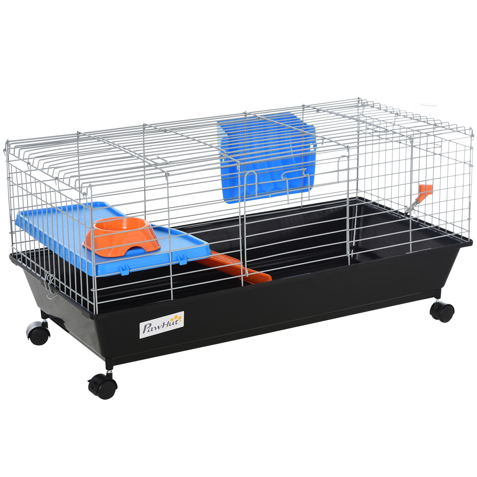 PawHut 35" Small Animal Cage, Rolling Bunny Cage, Guinea Pig Cage with Food Dish, Water Bottle, Hay Feeder, Platform, Ramp for Ferret Chinchilla, Black