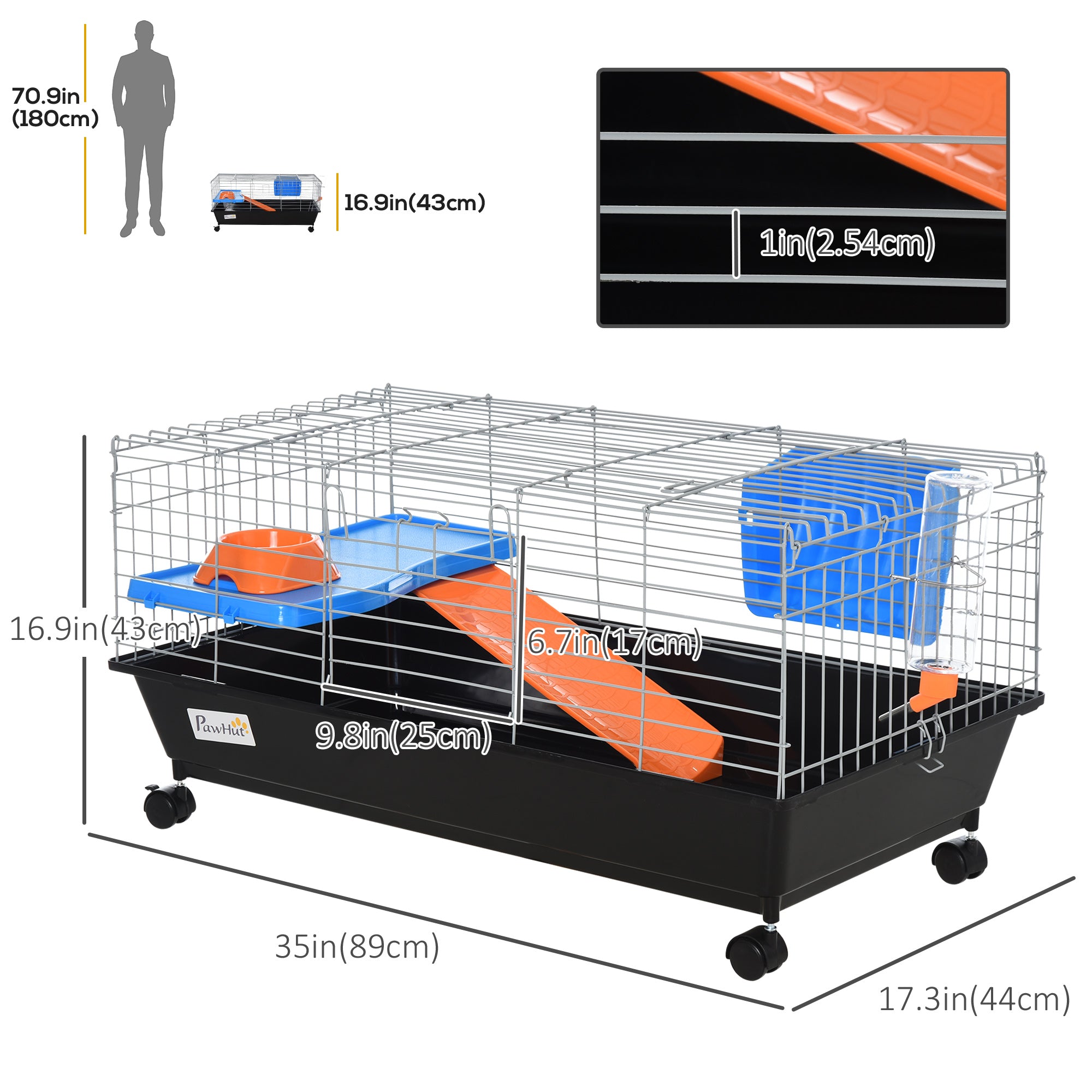 PawHut 35" Small Animal Cage, Rolling Bunny Cage, Guinea Pig Cage with Food Dish, Water Bottle, Hay Feeder, Platform, Ramp for Ferret Chinchilla, Black