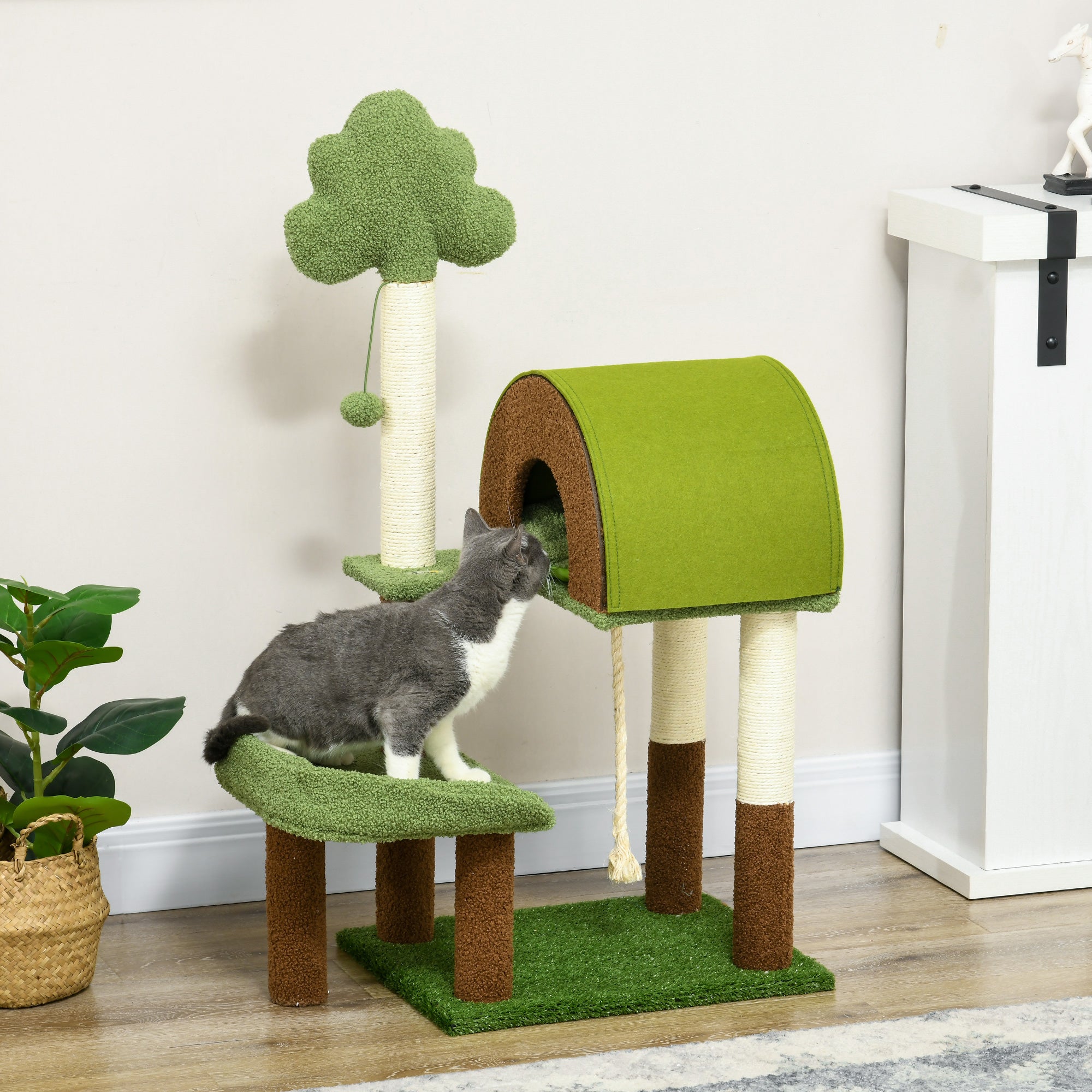 PawHut 42" Cat Tree with Scratching Posts, Cat Tower for Indoor Cats with Bed, House, Toy, Forest Themed, Green