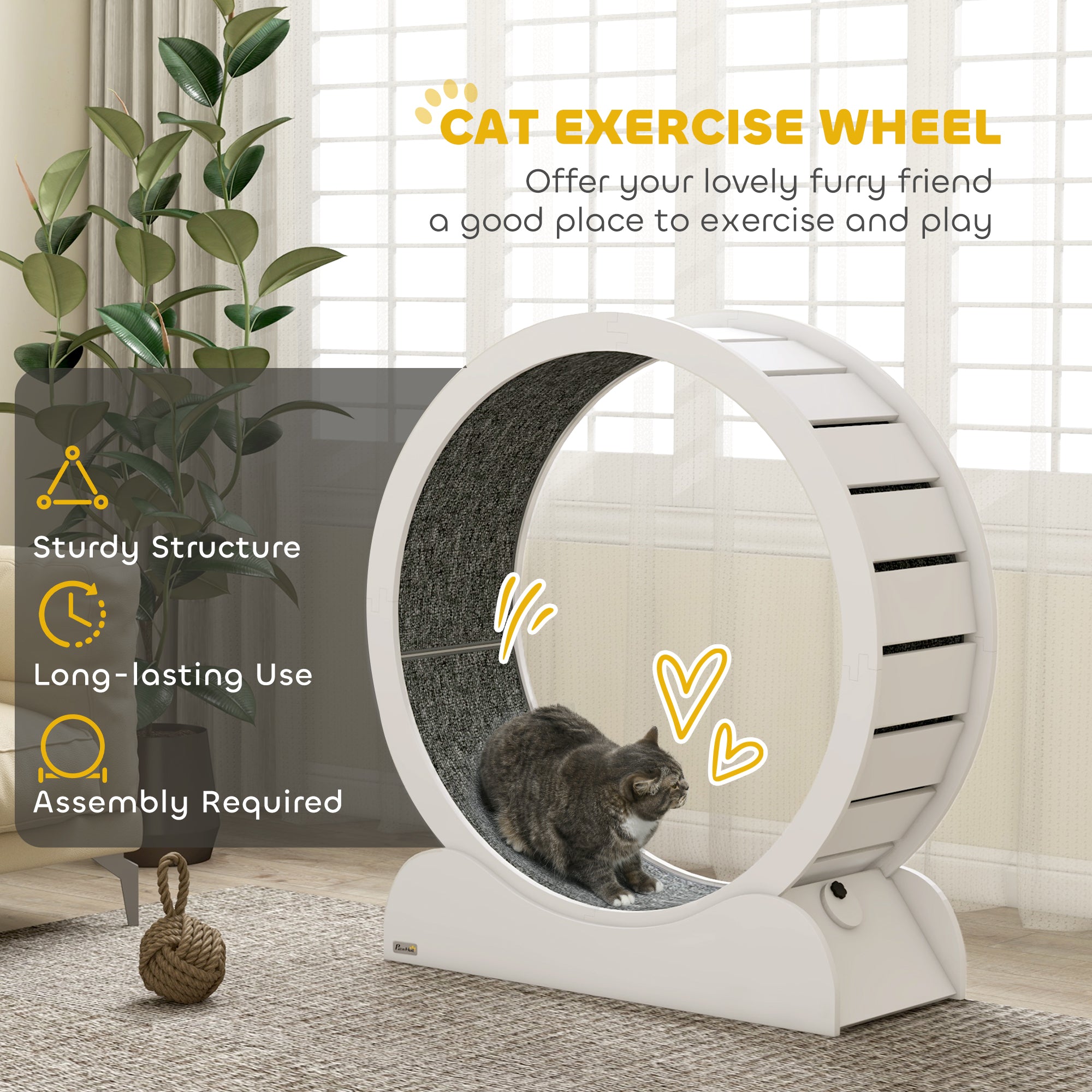 PawHut Cat Treadmill, Cat Exercise Wheel, 39.4 inch Cat Running Wheel with Brake, Carpeted Runway, for Exercise - White
