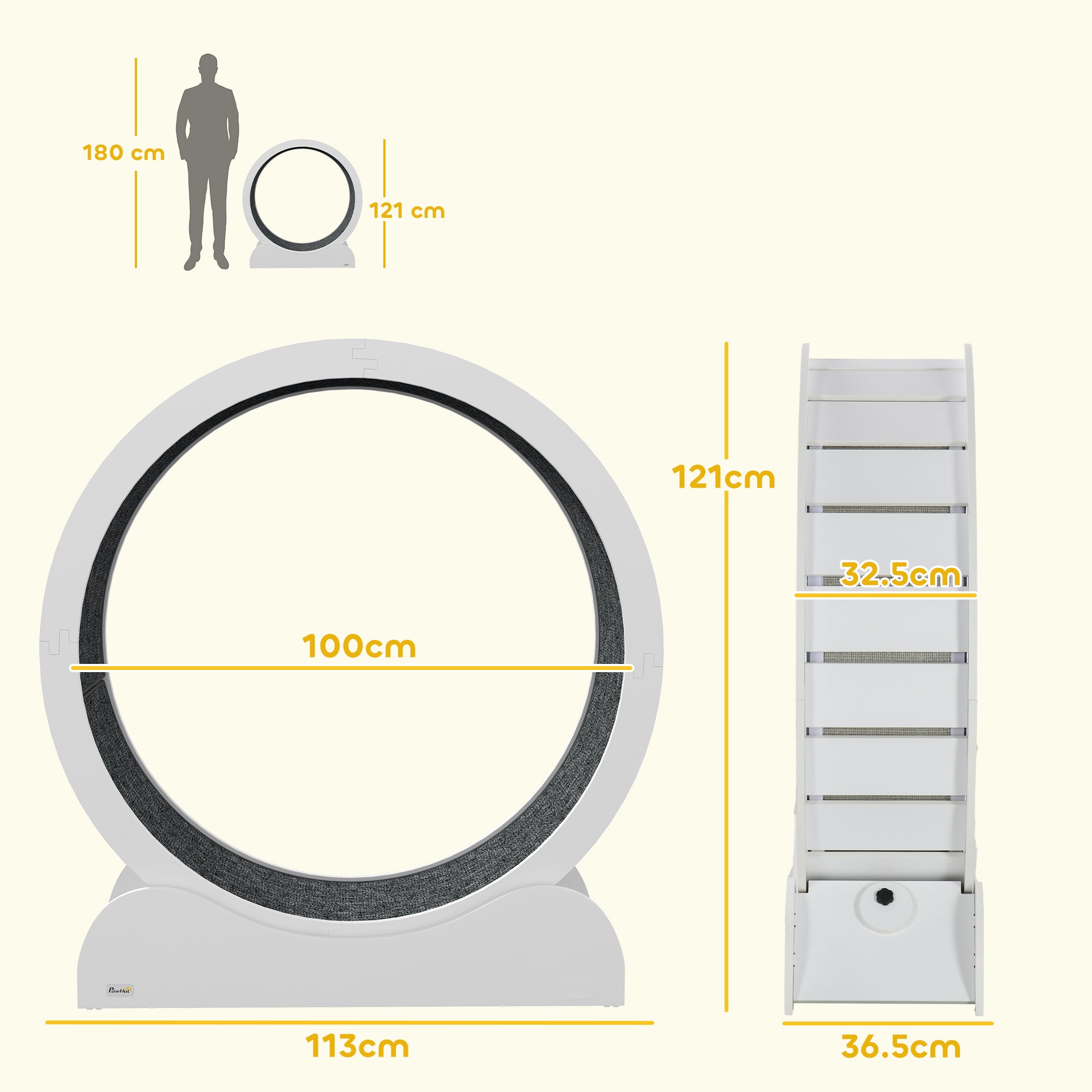 PawHut Cat Treadmill, Cat Exercise Wheel, 39.4 inch Cat Running Wheel with Brake, Carpeted Runway, for Exercise - White