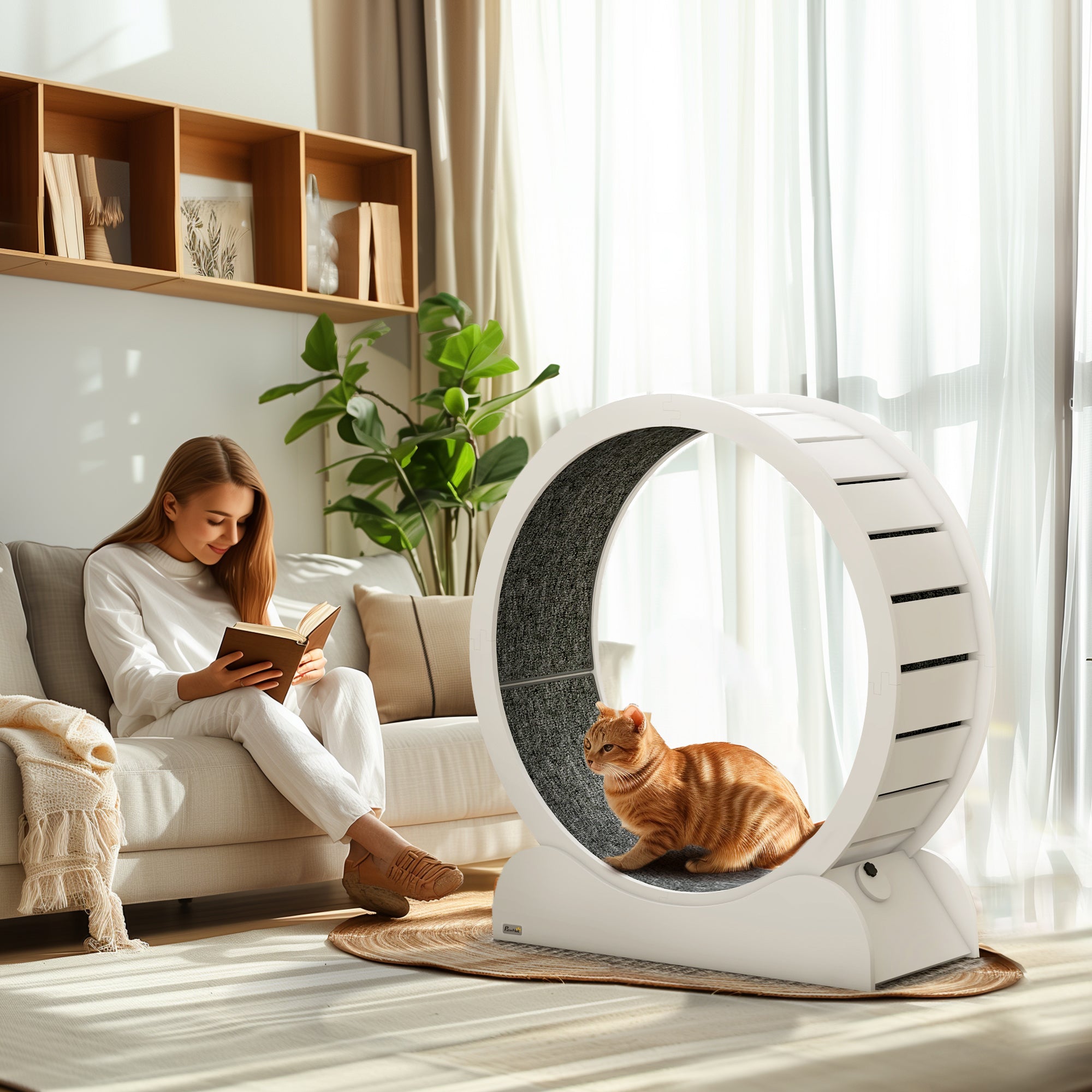 PawHut Cat Treadmill, Cat Exercise Wheel, 39.4 inch Cat Running Wheel with Brake, Carpeted Runway, for Exercise - White