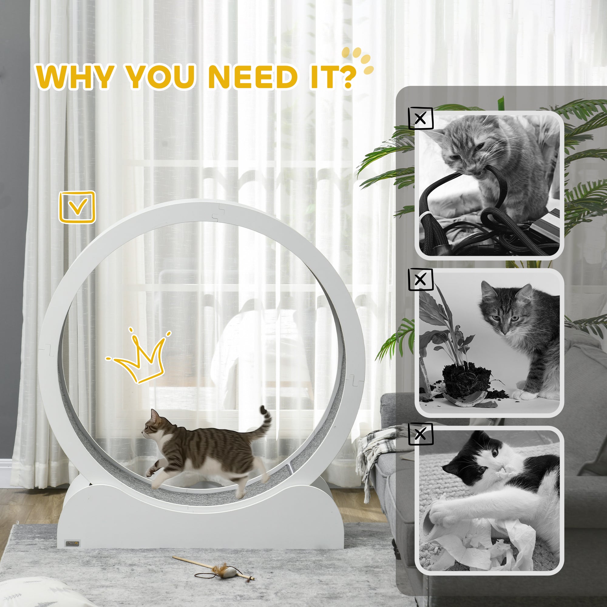 PawHut Cat Treadmill, Cat Exercise Wheel, 39.4 inch Cat Running Wheel with Brake, Carpeted Runway, for Exercise - White