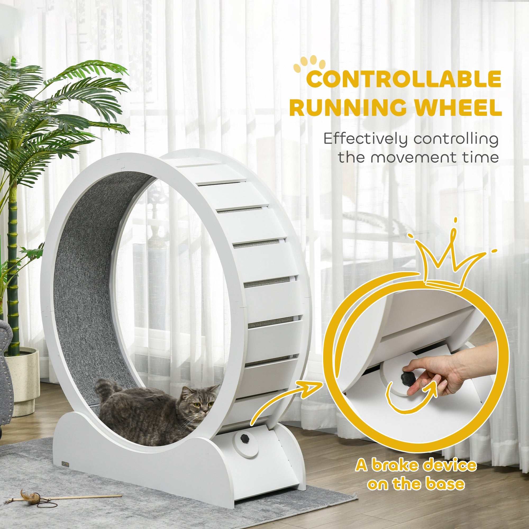 PawHut Cat Treadmill, Cat Exercise Wheel, 39.4 inch Cat Running Wheel with Brake, Carpeted Runway, for Exercise - White