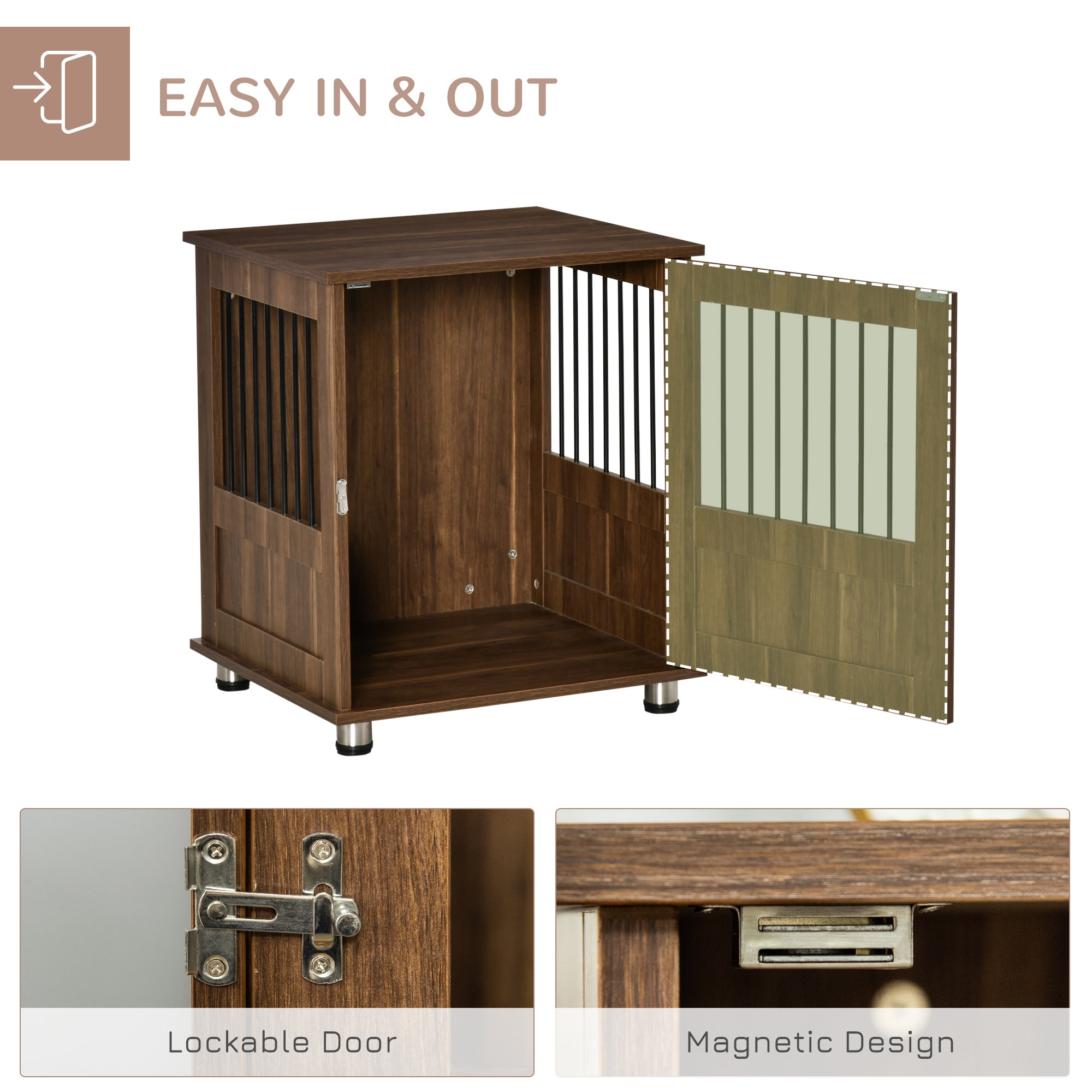 PawHut Dog Crate Furniture, Wooden End Table Furniture with Lockable Magnetic Doors, Small Size Pet Kennel Indoor Animal Cage, Brown