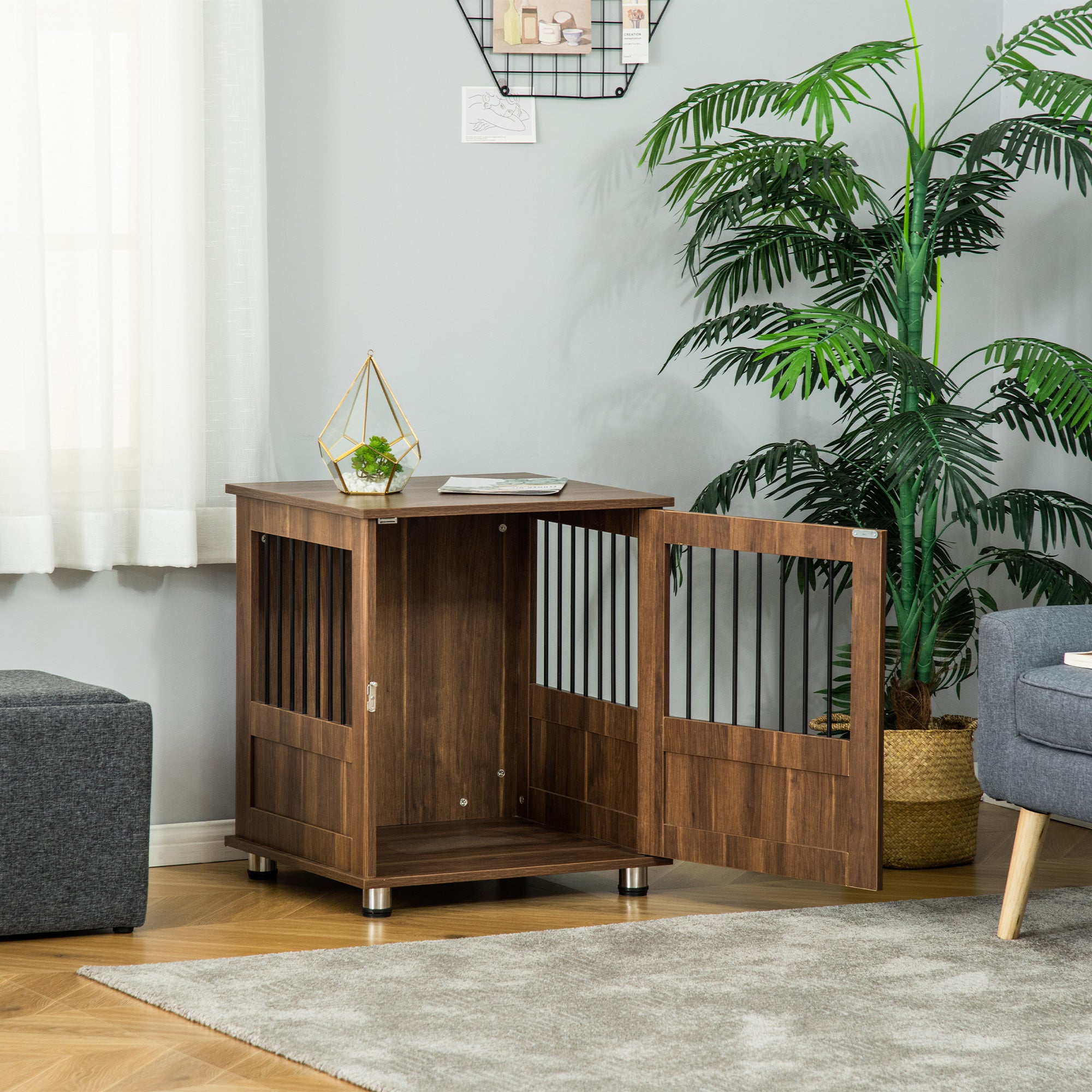 PawHut Dog Crate Furniture, Wooden End Table Furniture with Lockable Magnetic Doors, Small Size Pet Kennel Indoor Animal Cage, Brown