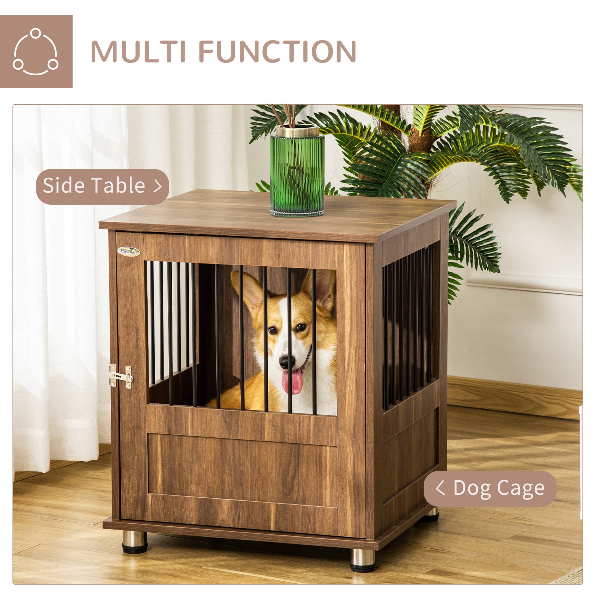 PawHut Dog Crate Furniture, Wooden End Table Furniture with Lockable Magnetic Doors, Small Size Pet Kennel Indoor Animal Cage, Brown
