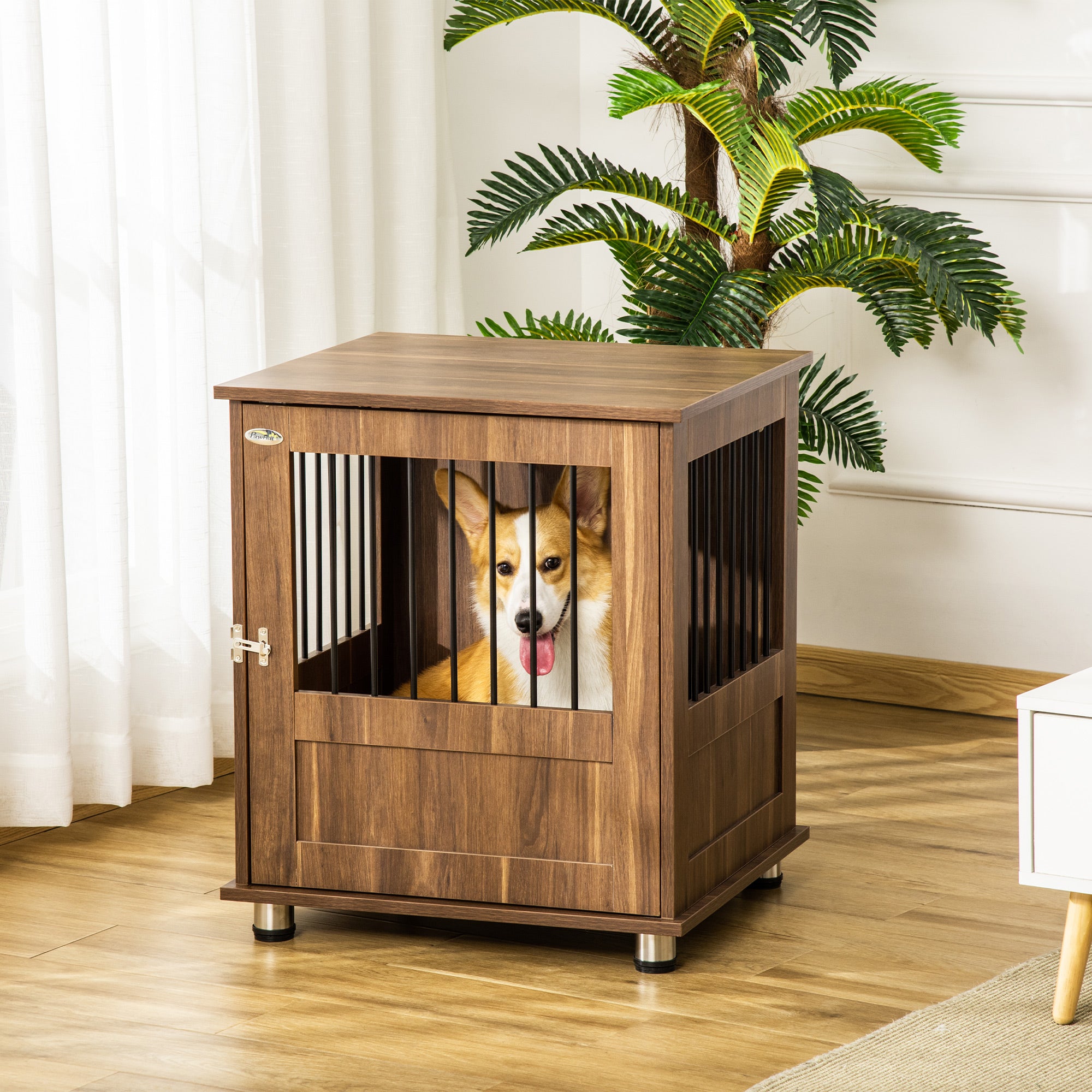 PawHut Dog Crate Furniture, Wooden End Table Furniture with Lockable Magnetic Doors, Small Size Pet Kennel Indoor Animal Cage, Brown