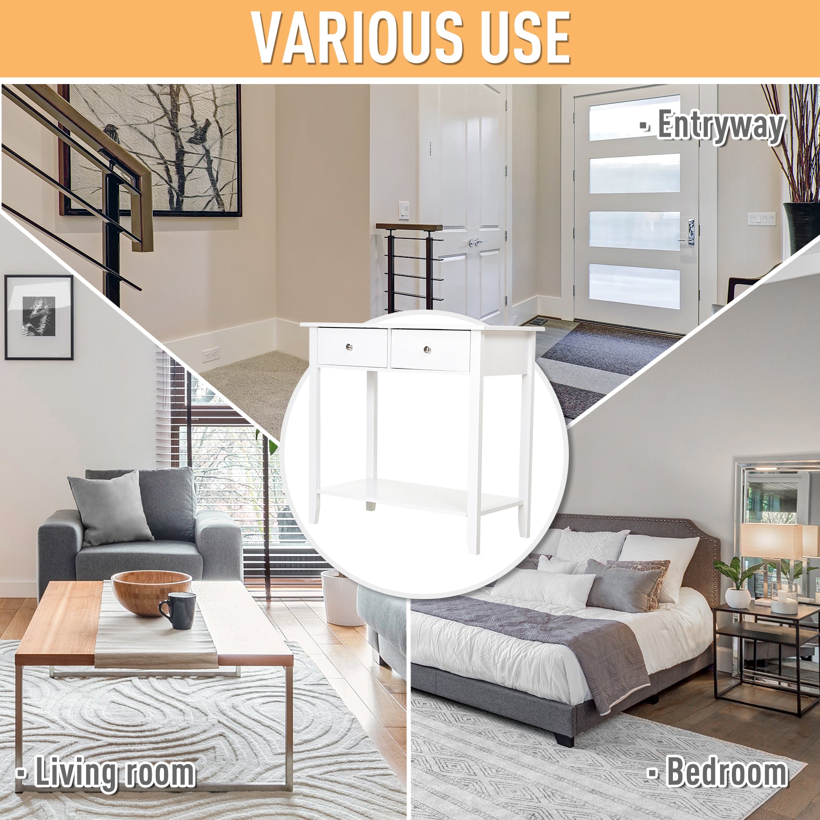 HOMCOM Console Table, Modern Entryway Table with Storage Drawers, Bottom Shelf and Wooden Legs, 31.5" Sofa Side Desk for Living Room, White