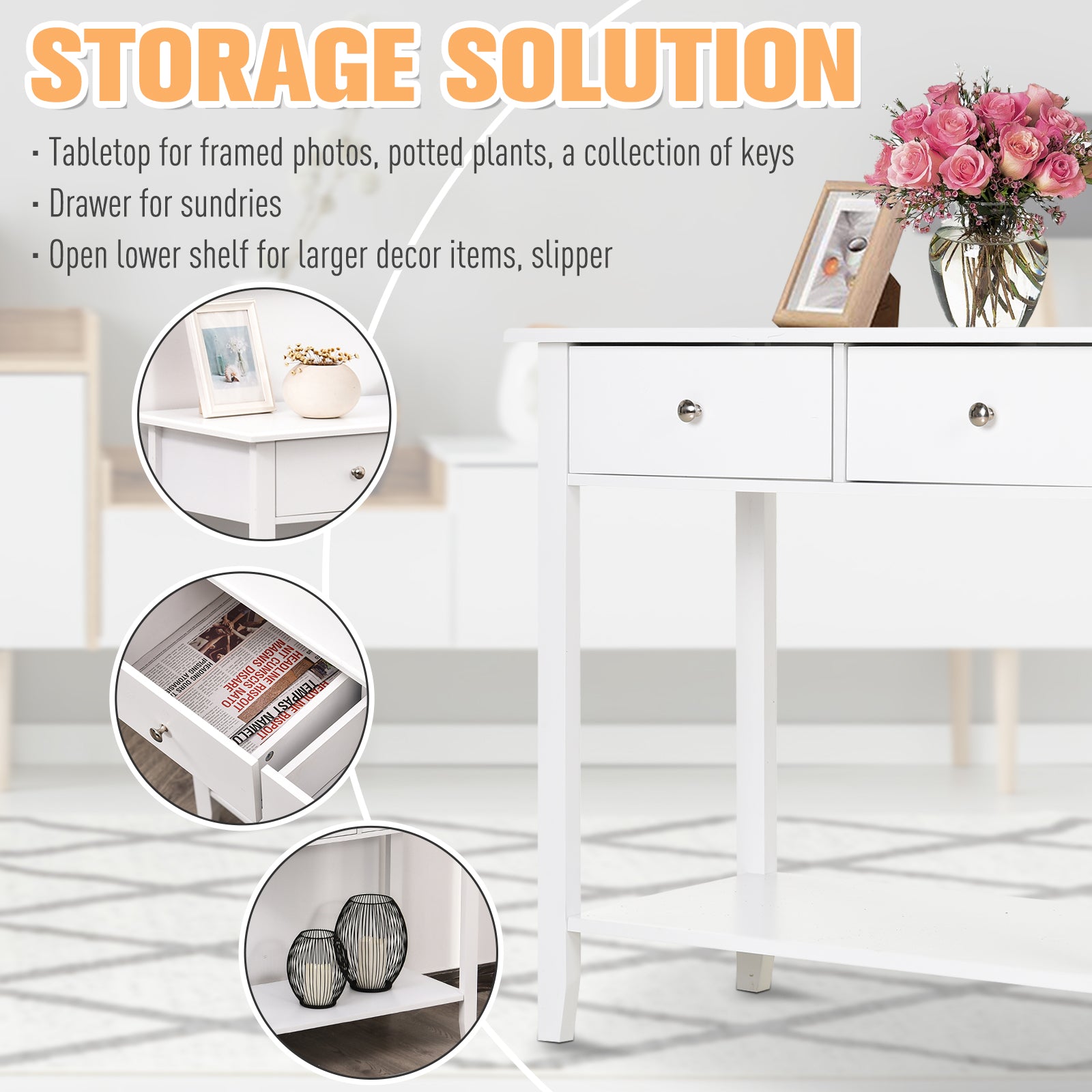 HOMCOM Console Table, Modern Entryway Table with Storage Drawers, Bottom Shelf and Wooden Legs, 31.5" Sofa Side Desk for Living Room, White