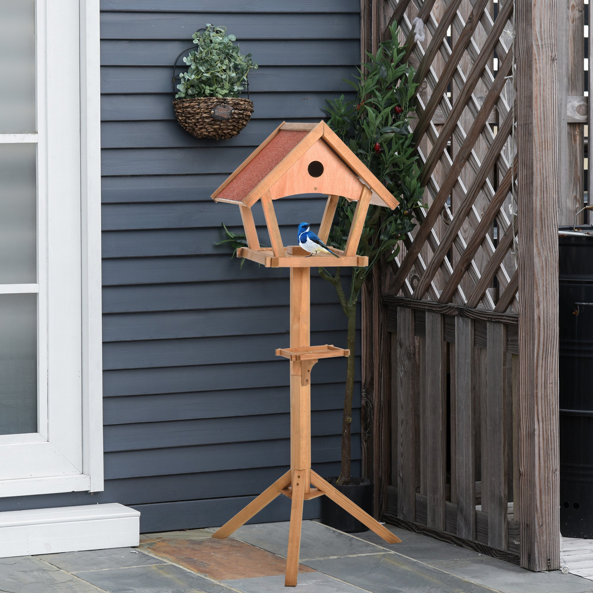 PawHut Wooden Bird Table Freestanding Feeding  Station for Garden Outside ,139H cm, Natural