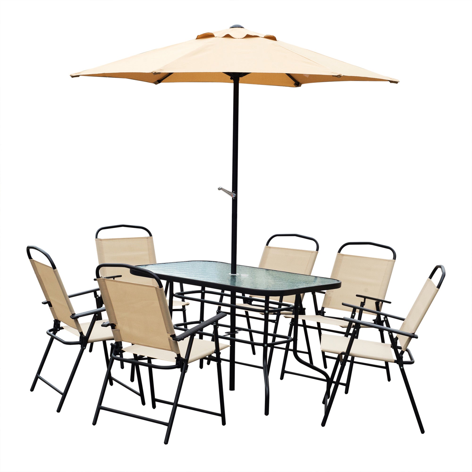 Outsunny 8 Pieces Folding Patio Dining Set, Outdoor Table and Chairs for 6, 47" Rectangle Dining Table Set with 6 Mesh Folding Chairs, 7' Patio Umbrella with Crank, Beige