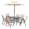 Outsunny 8 Pieces Folding Patio Dining Set, Outdoor Table and Chairs for 6, 47" Rectangle Dining Table Set with 6 Mesh Folding Chairs, 7' Patio Umbrella with Crank, Beige