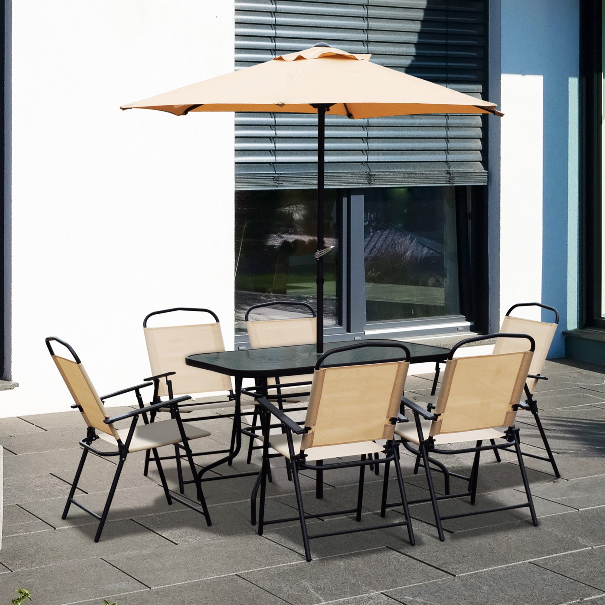Outsunny 8 Pieces Folding Patio Dining Set, Outdoor Table and Chairs for 6, 47" Rectangle Dining Table Set with 6 Mesh Folding Chairs, 7' Patio Umbrella with Crank, Beige