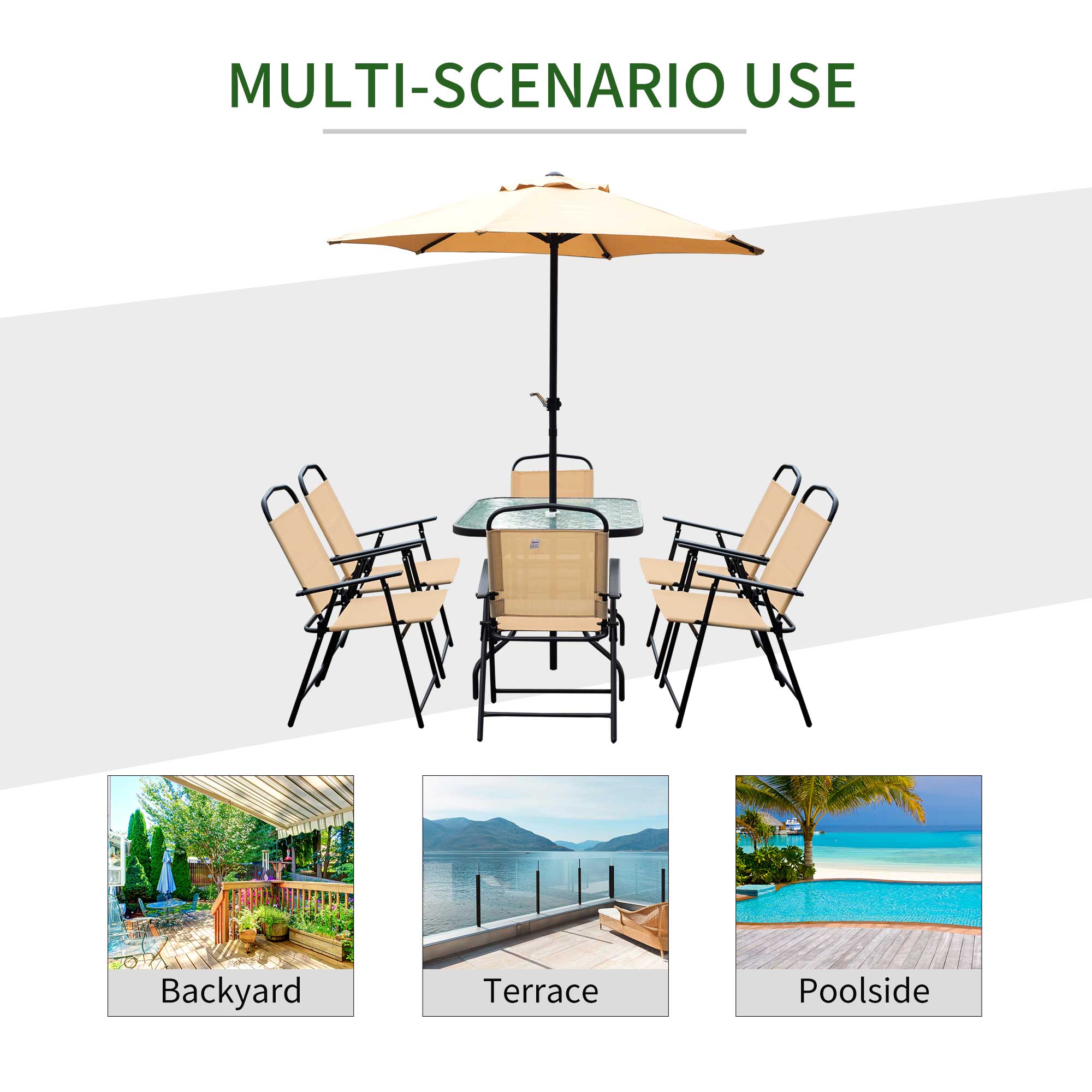 Outsunny 8 Pieces Folding Patio Dining Set, Outdoor Table and Chairs for 6, 47" Rectangle Dining Table Set with 6 Mesh Folding Chairs, 7' Patio Umbrella with Crank, Beige