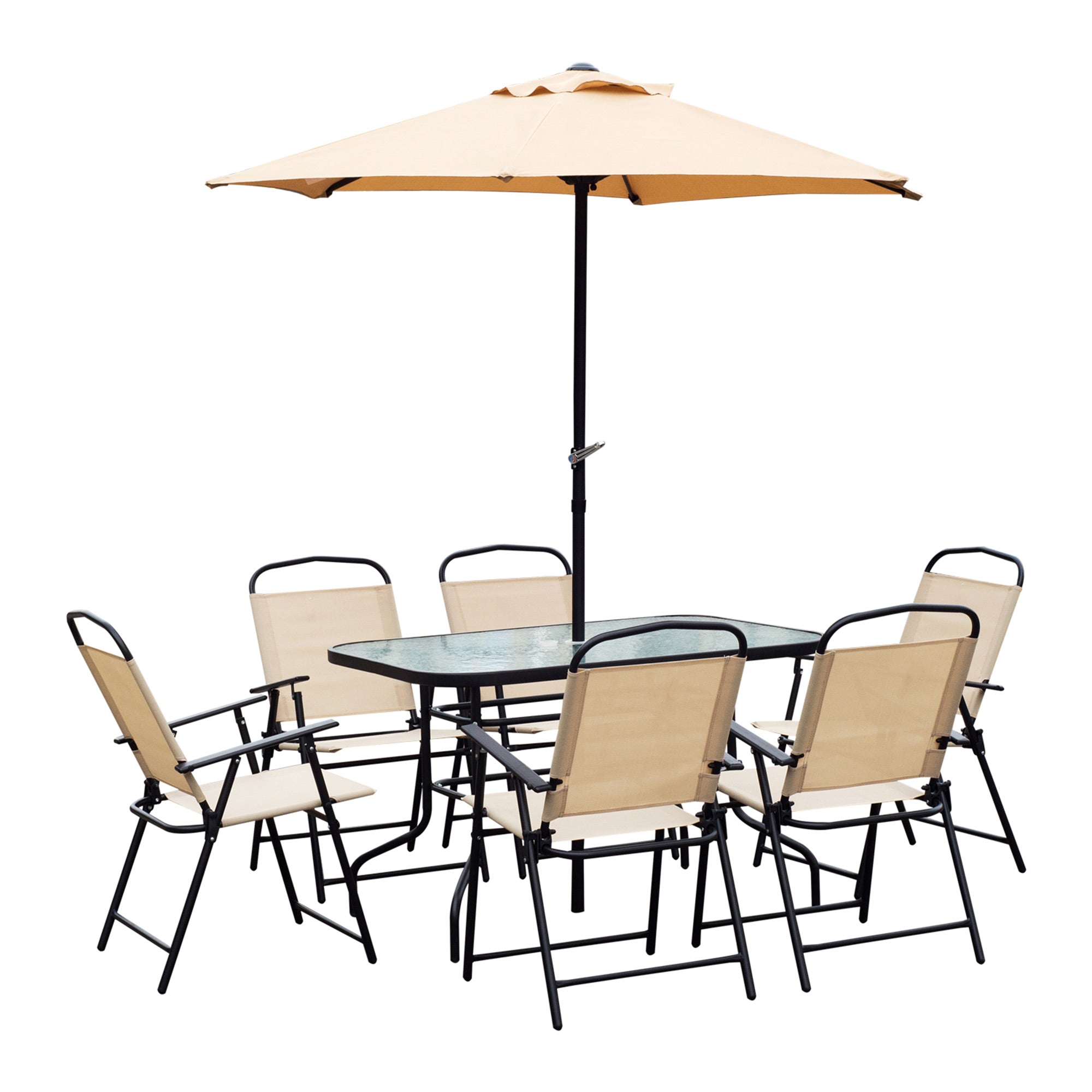 Outsunny 8 Pieces Folding Patio Dining Set, Outdoor Table and Chairs for 6, 47" Rectangle Dining Table Set with 6 Mesh Folding Chairs, 7' Patio Umbrella with Crank, Beige