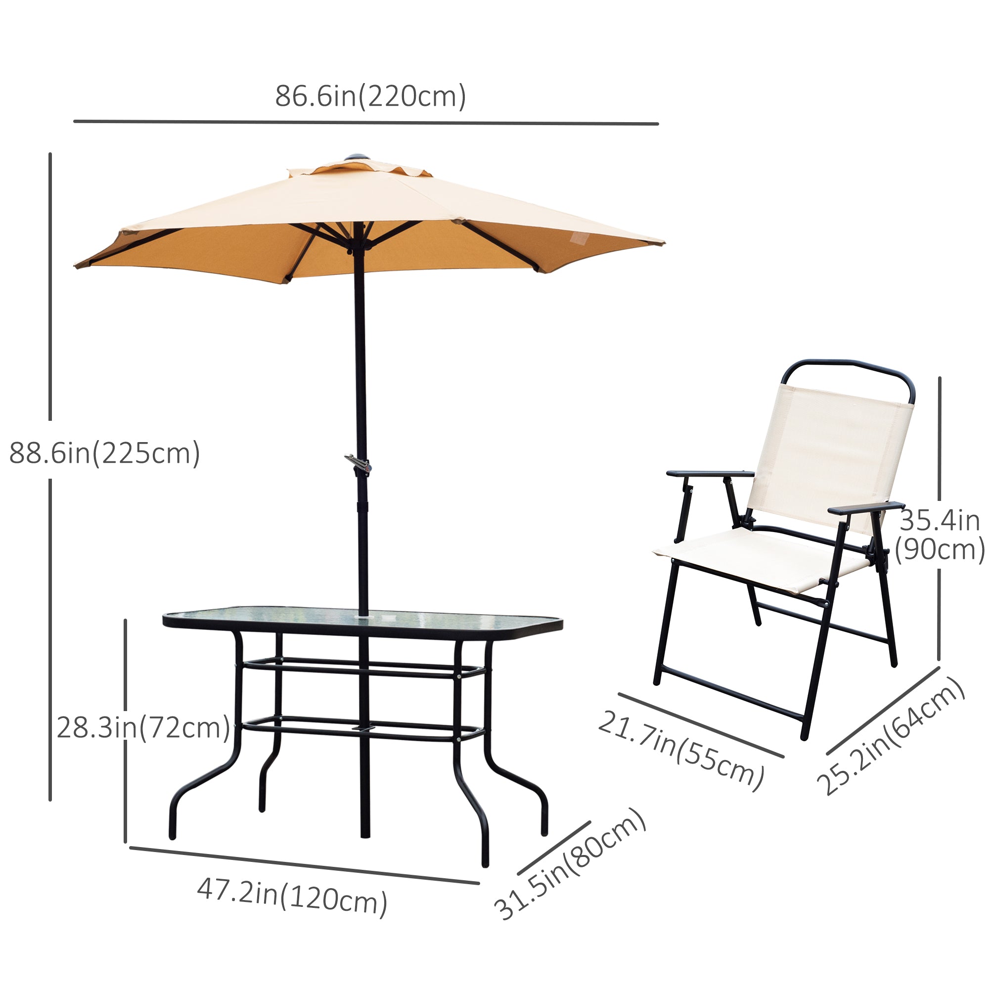 Outsunny 8 Pieces Folding Patio Dining Set, Outdoor Table and Chairs for 6, 47" Rectangle Dining Table Set with 6 Mesh Folding Chairs, 7' Patio Umbrella with Crank, Beige