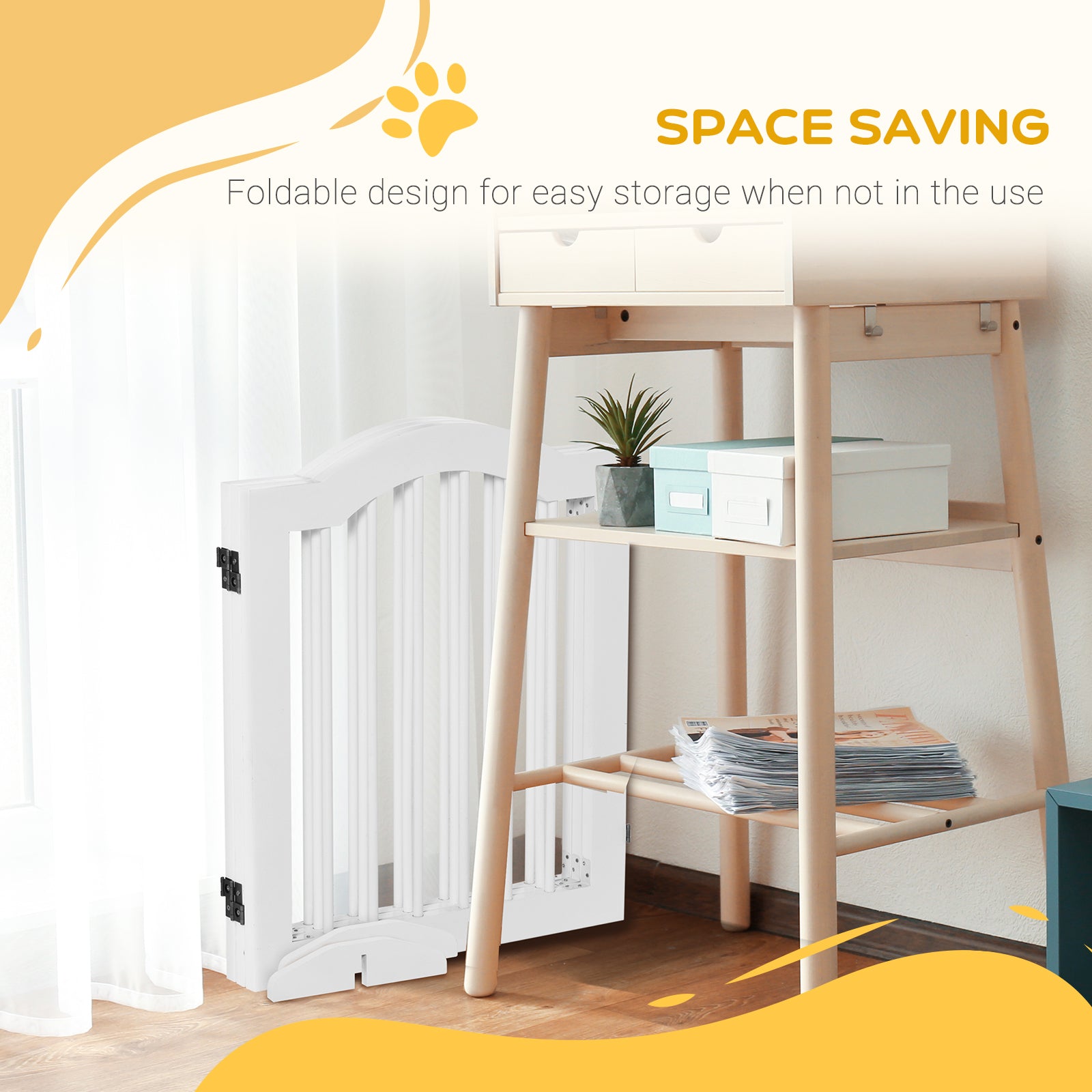 PawHut Freestanding Pet Gate Wooden Dog Gate with Support Feet Foldable Pet Fence Safety Barrier for the House Doorway Stairs White