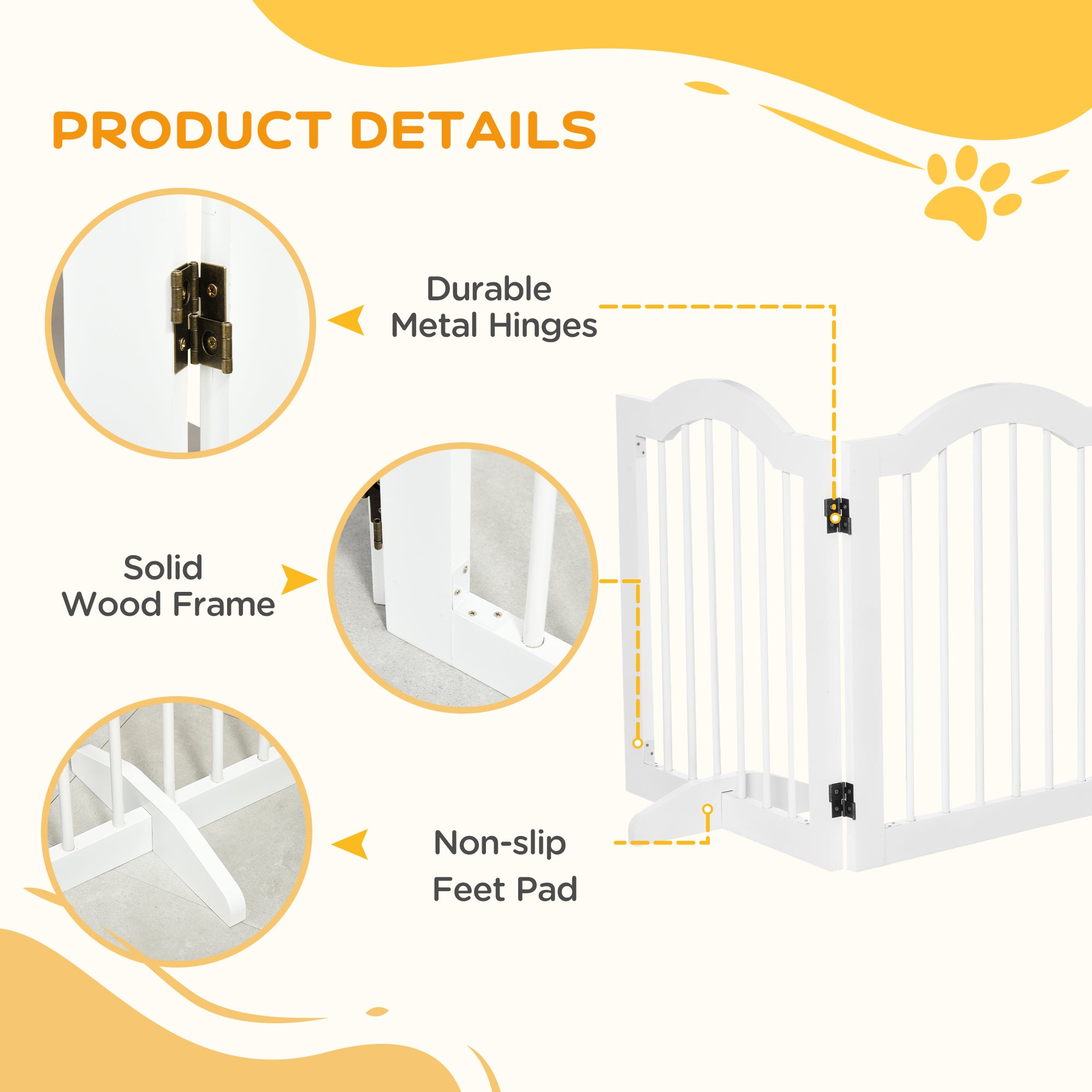 PawHut Freestanding Pet Gate Wooden Dog Gate with Support Feet Foldable Pet Fence Safety Barrier for the House Doorway Stairs White