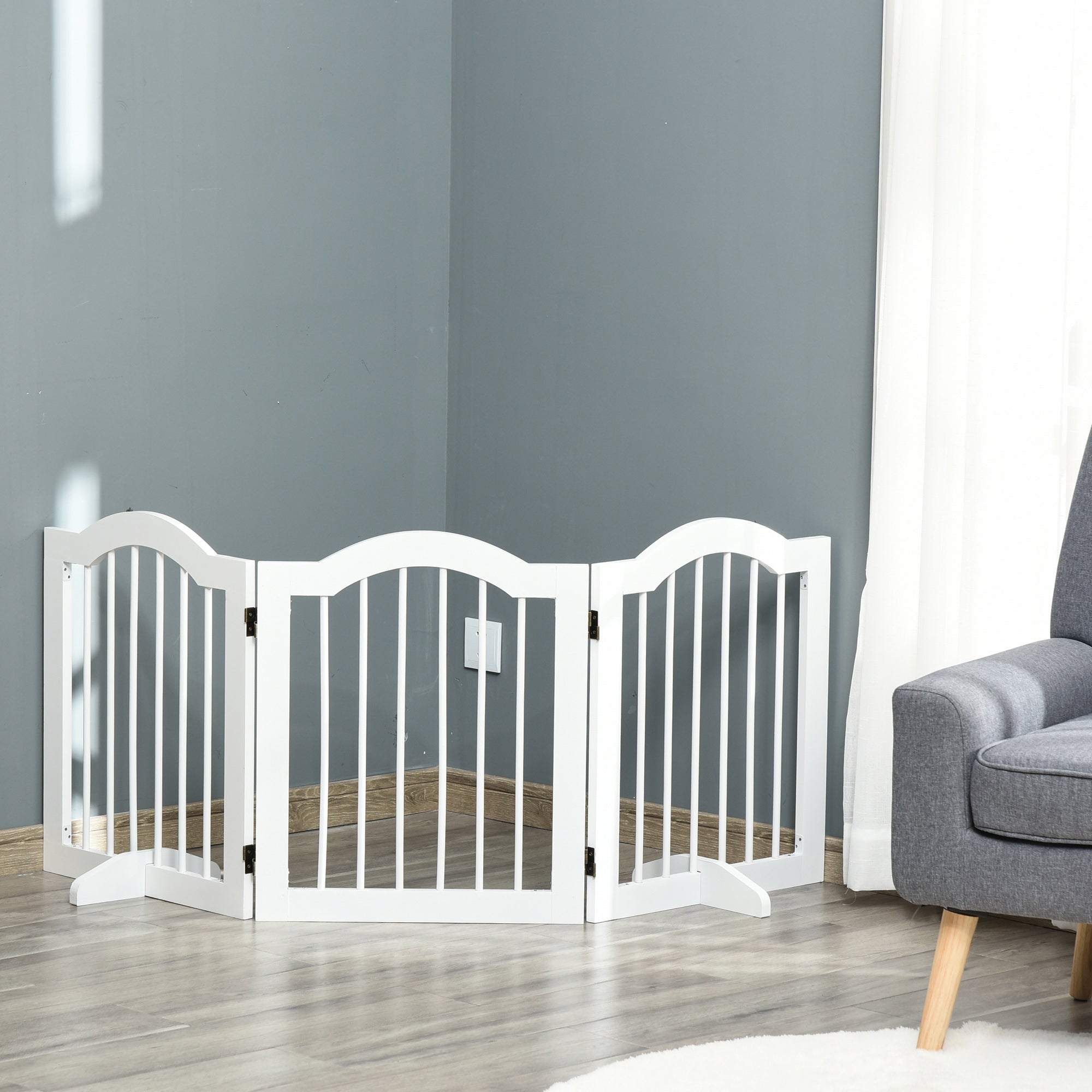 PawHut Freestanding Pet Gate for Dogs 24" Tall Foldable Dog Gates Indoor Wooden Barrier 3 Panels with 2 Support Feet, for Doorway Stairs, White