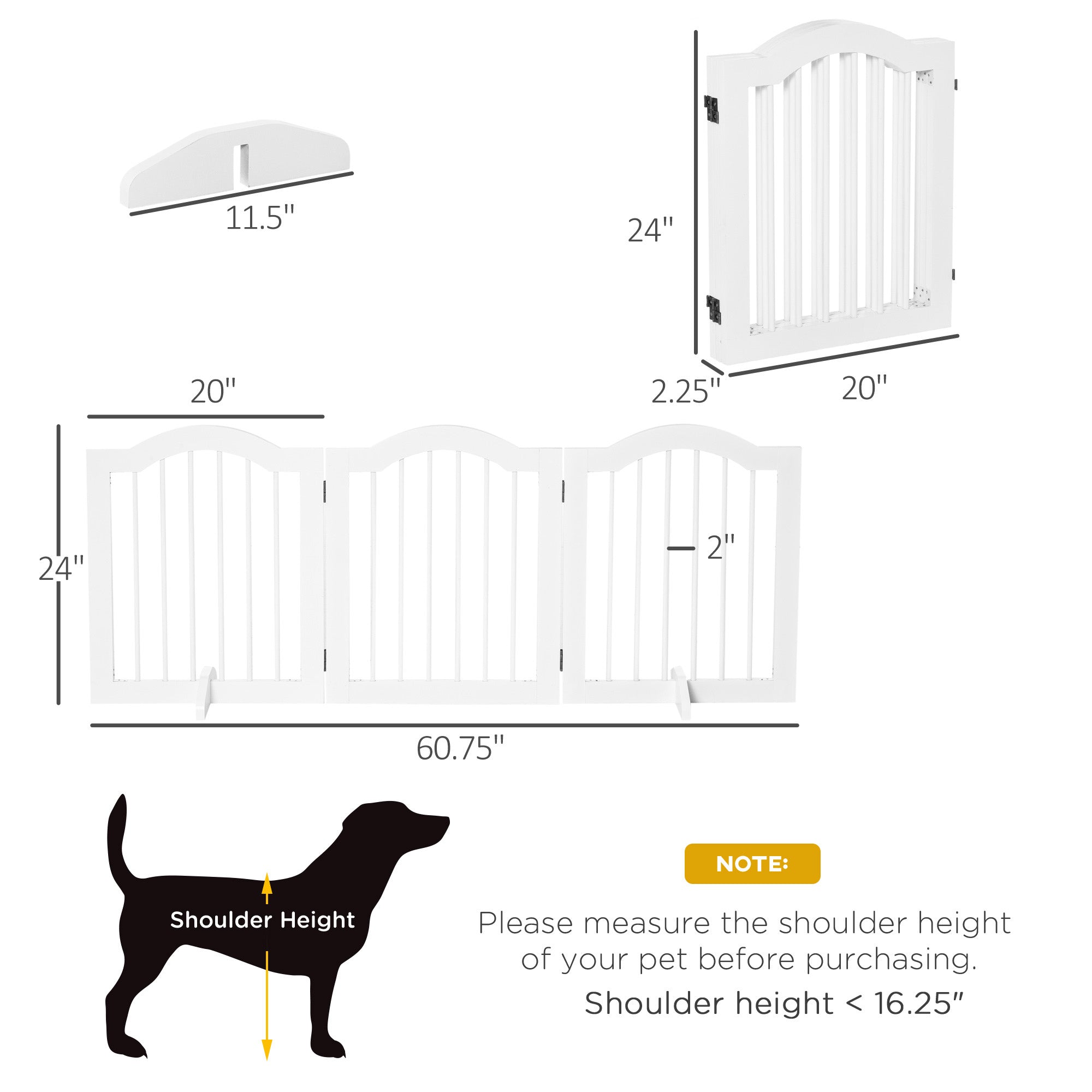 PawHut Freestanding Pet Gate for Dogs 24" Tall Foldable Dog Gates Indoor Wooden Barrier 3 Panels with 2 Support Feet, for Doorway Stairs, White