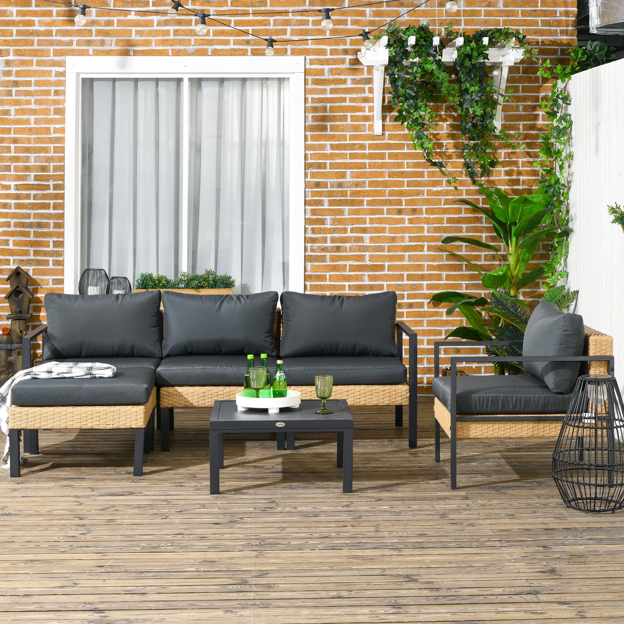 Outsunny 6 PCs PE Rattan Patio Furniture with Sofa, Armchairs, Stool, Metal Coffee Table, Outdoor Wicker Conversation Sofa Set with Cushions, for Poolside, Backyard, Yellow