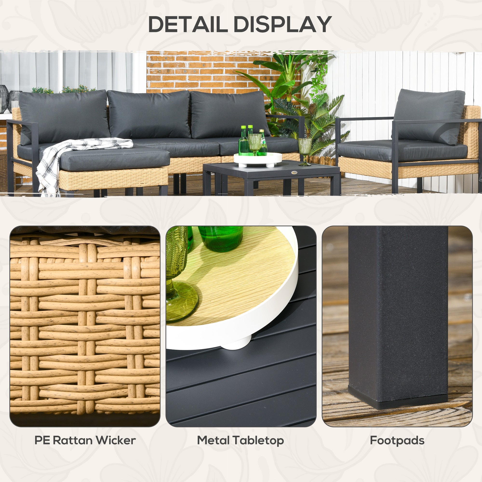 Outsunny 6 PCs PE Rattan Patio Furniture with Sofa, Armchairs, Stool, Metal Coffee Table, Outdoor Wicker Conversation Sofa Set with Cushions, for Poolside, Backyard, Yellow