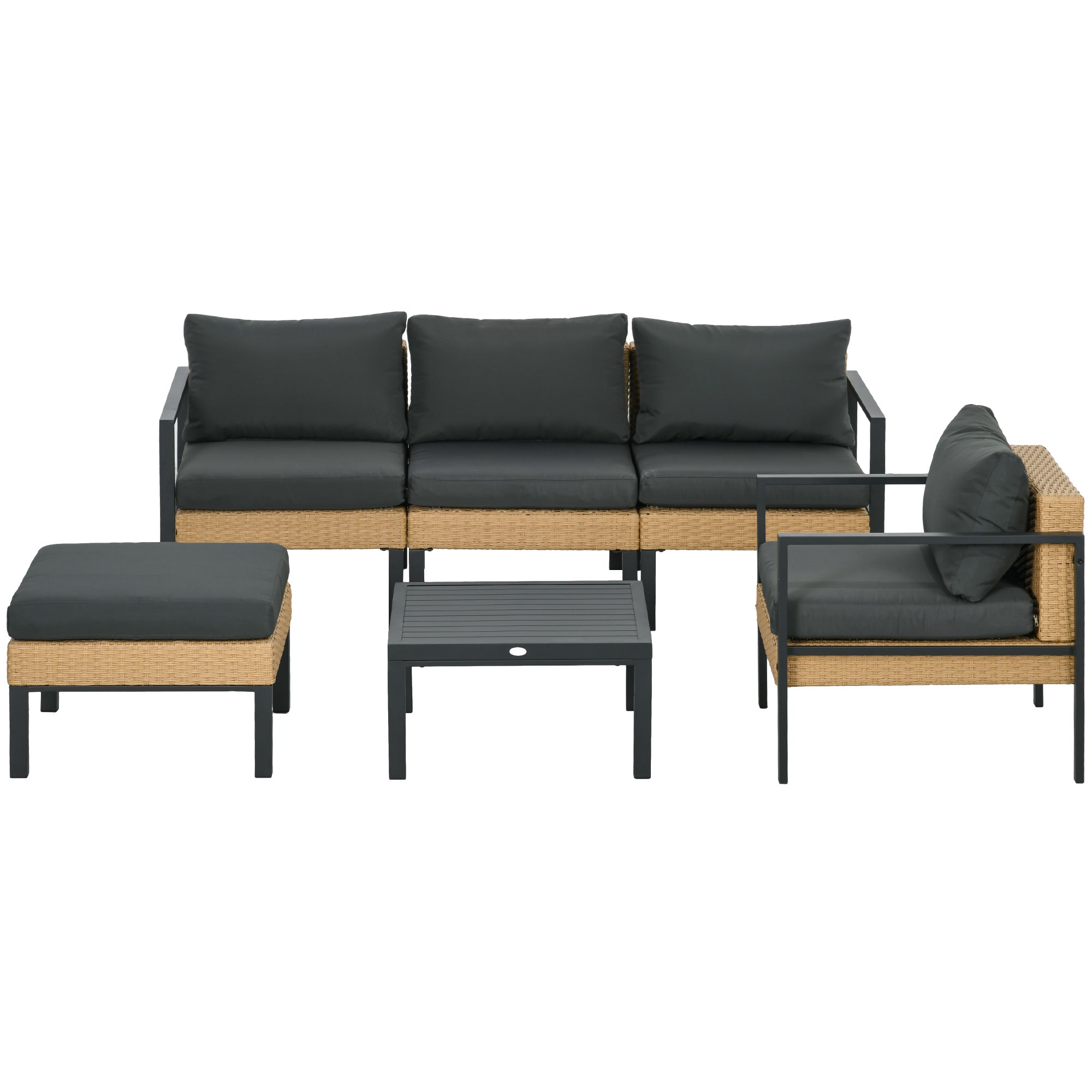 Outsunny 6 PCs PE Rattan Patio Furniture with Sofa, Armchairs, Stool, Metal Coffee Table, Outdoor Wicker Conversation Sofa Set with Cushions, for Poolside, Backyard, Yellow