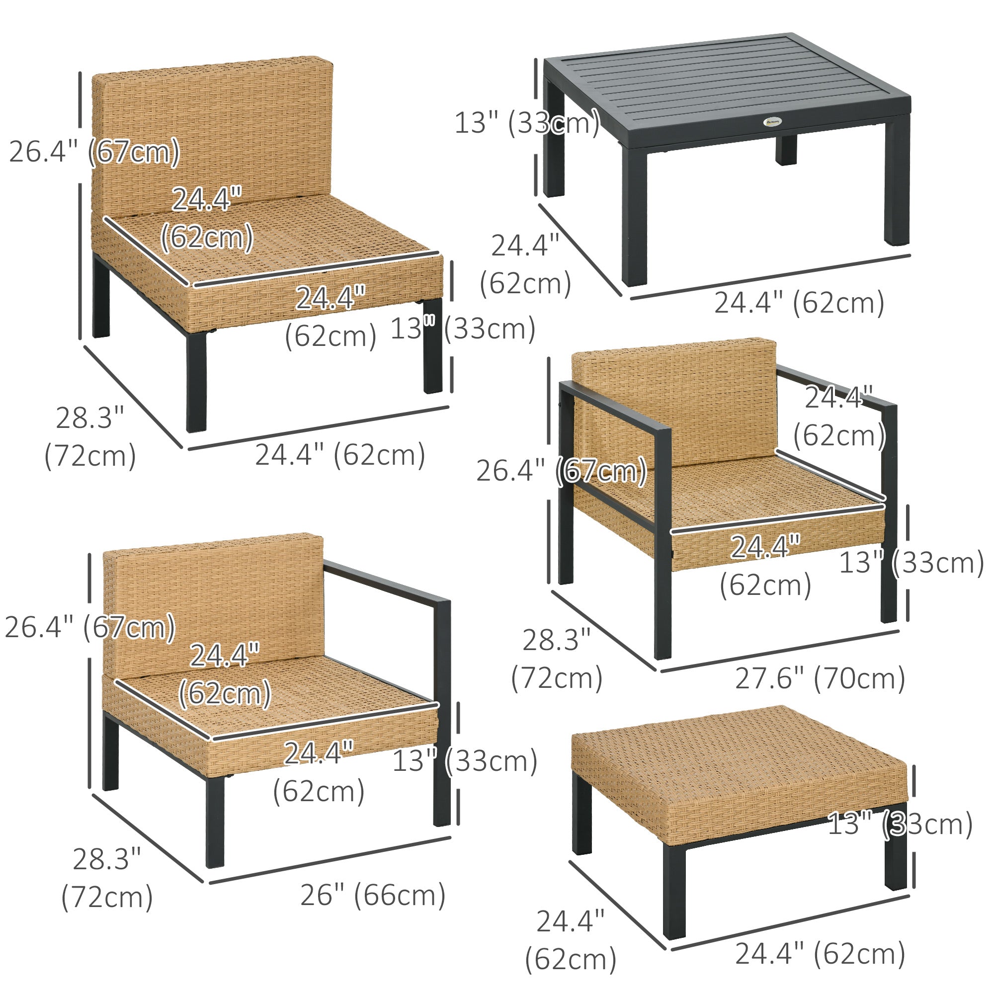 Outsunny 6 PCs PE Rattan Patio Furniture with Sofa, Armchairs, Stool, Metal Coffee Table, Outdoor Wicker Conversation Sofa Set with Cushions, for Poolside, Backyard, Yellow