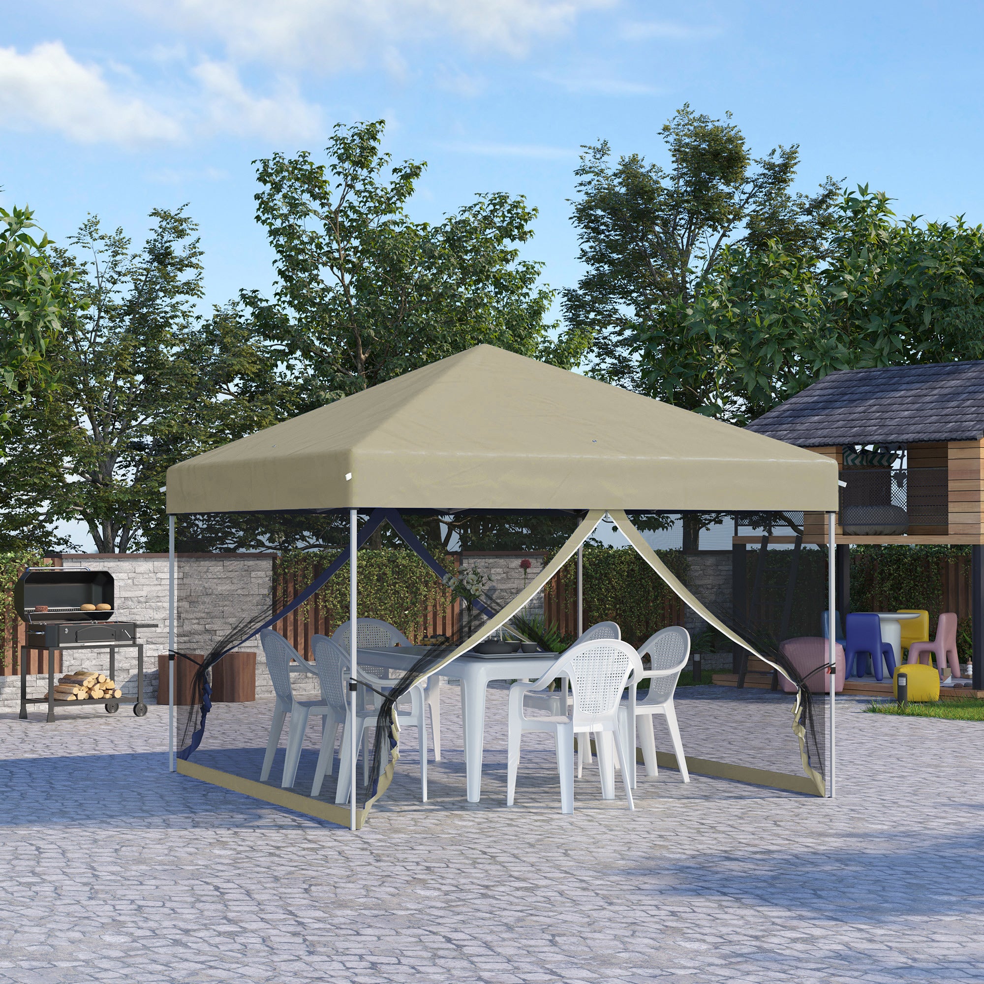 Outsunny 10' x 10' Pop-Up Canopy Tent Outdoor Party Tent with Mesh Sidewalls, 3-Level Adjustable Height, Roller Bag, Beige