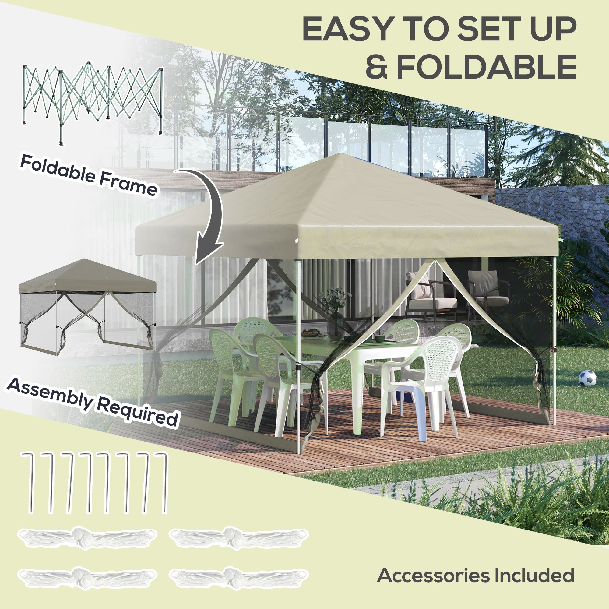 Outsunny 10' x 10' Pop-Up Canopy Tent Outdoor Party Tent with Mesh Sidewalls, 3-Level Adjustable Height, Roller Bag, Beige