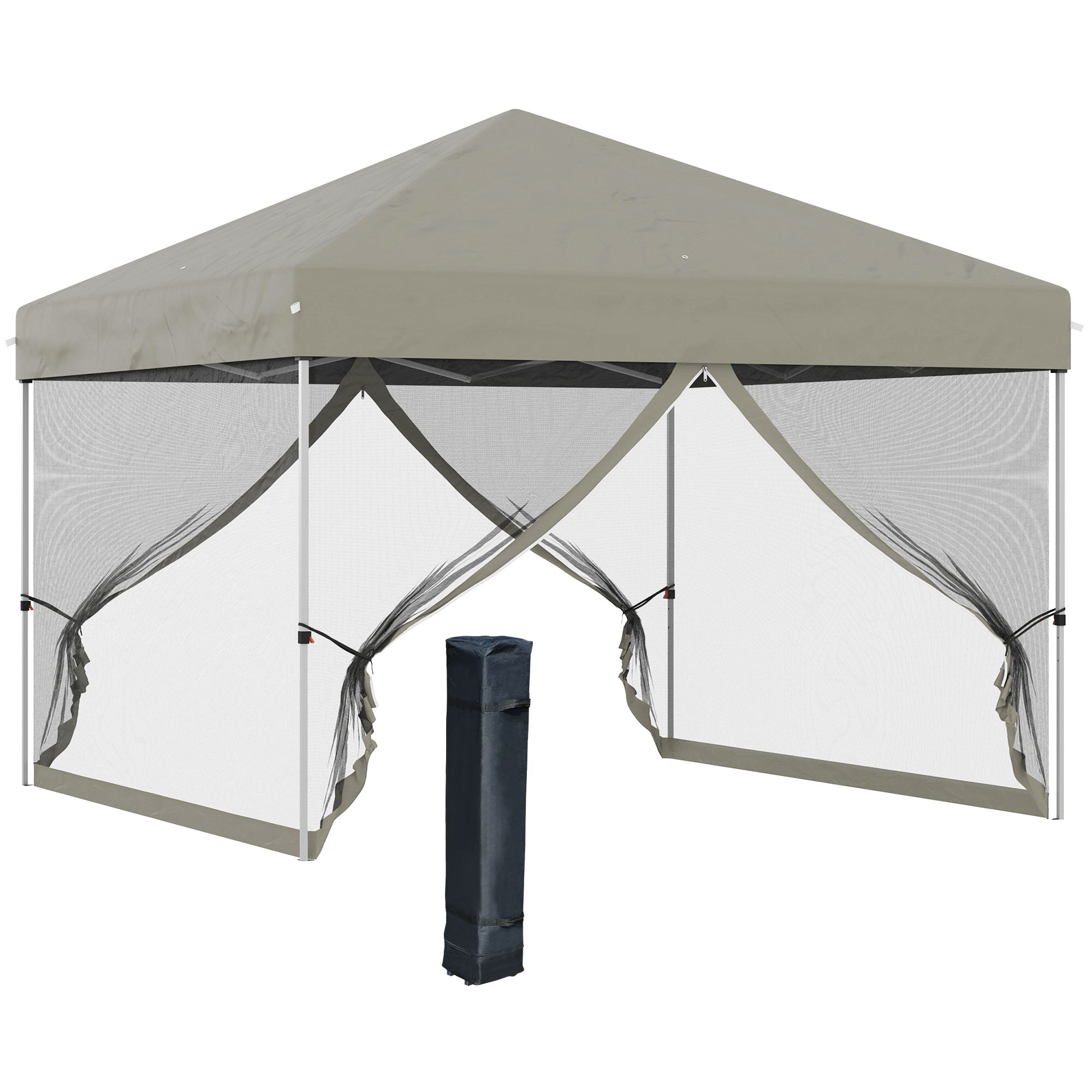 Outsunny 10' x 10' Pop-Up Canopy Tent Outdoor Party Tent with Mesh Sidewalls, 3-Level Adjustable Height, Roller Bag, Beige