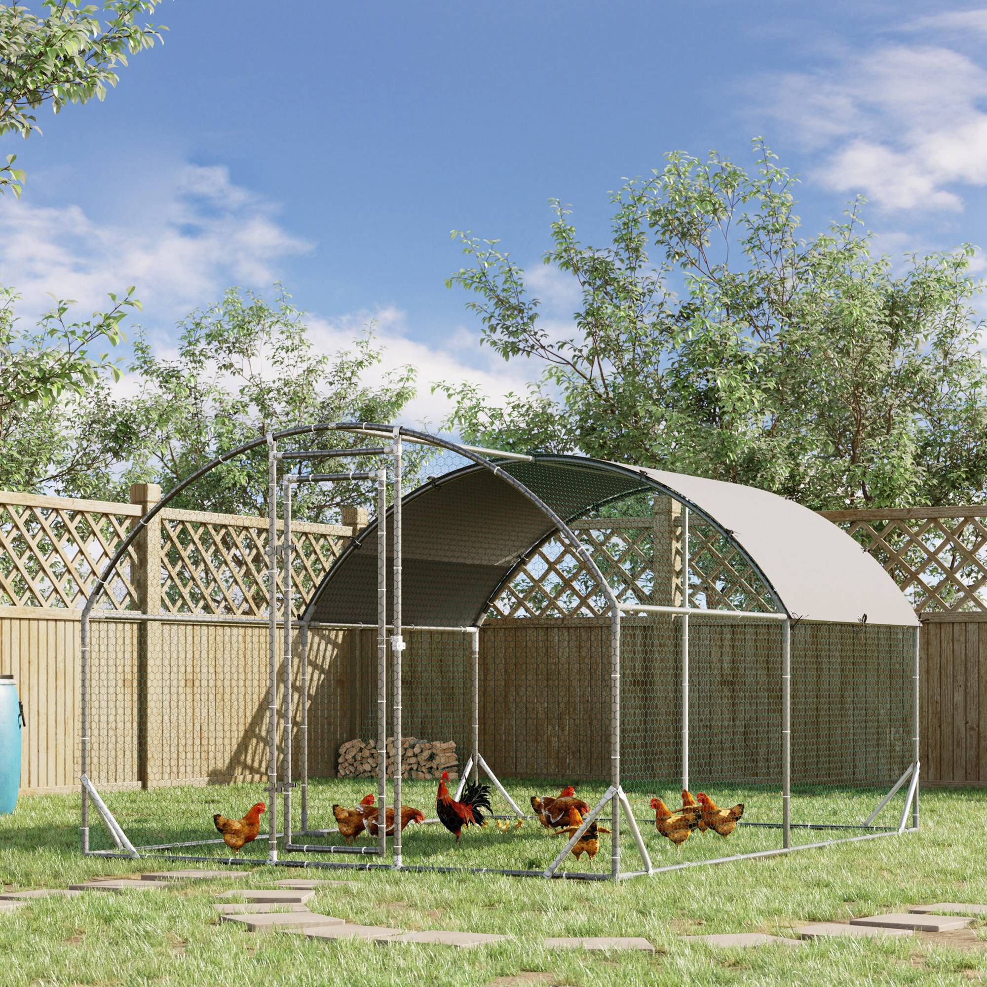 PawHut Walk In Chicken Run Galvanised Chicken Coop Hen Poultry House Cage Rabbit Hutch Pet Playpen Garden with Water-Resist Cover, 2.8 x 3.8 x 2m