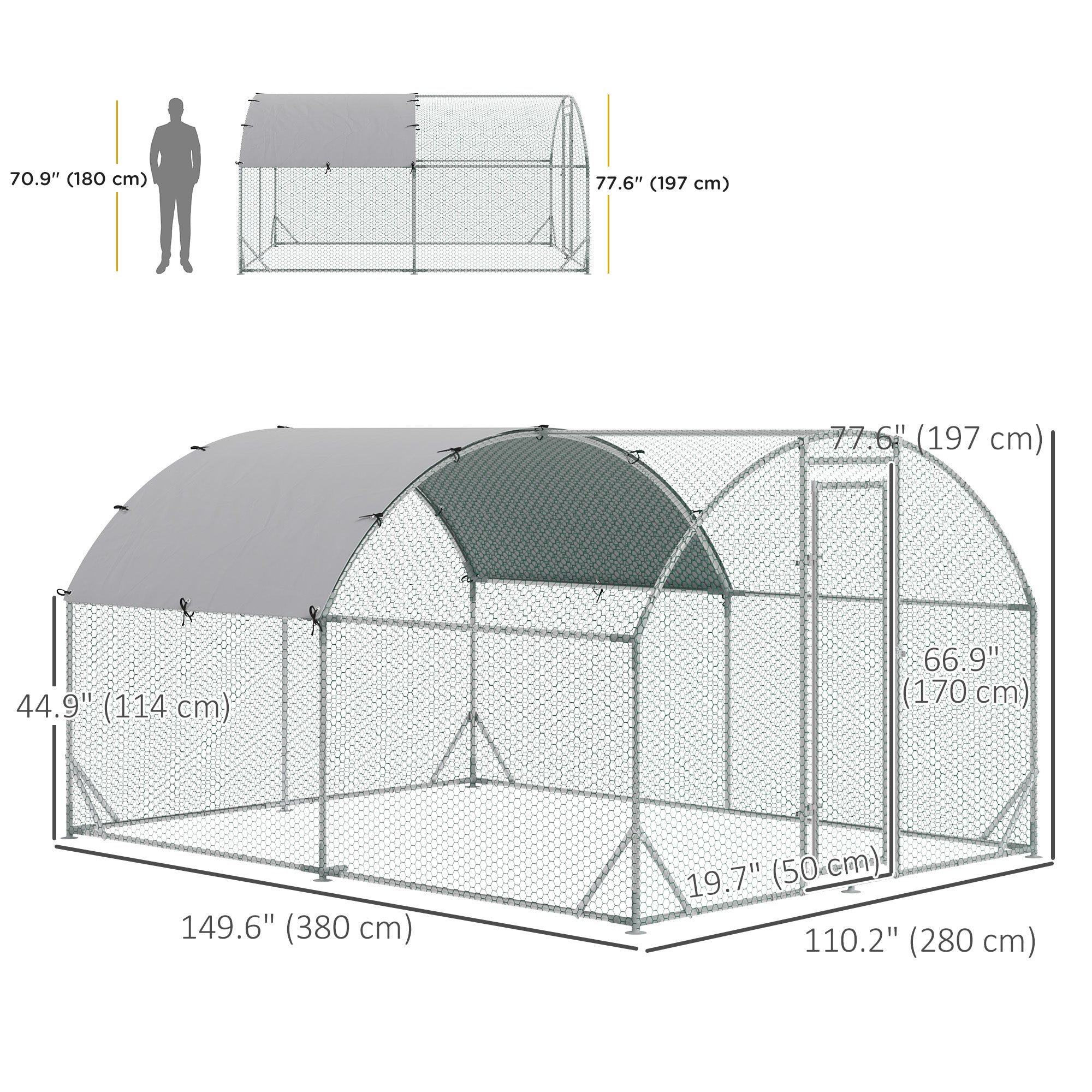 PawHut Galvanized Large Metal Chicken Coop Cage Walk-in Enclosure Poultry Hen Run House Playpen Rabbit Hutch with Cover for Outdoor Backyard 9.2' x 12.5' x 6.5' Silver