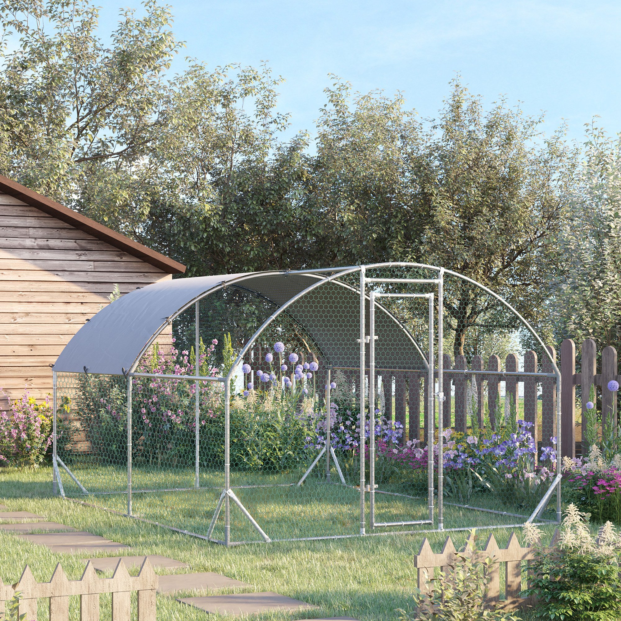 PawHut Galvanized Large Metal Chicken Coop Cage Walk-in Enclosure Poultry Hen Run House Playpen Rabbit Hutch with Cover for Outdoor Backyard 9.2' x 12.5' x 6.5' Silver