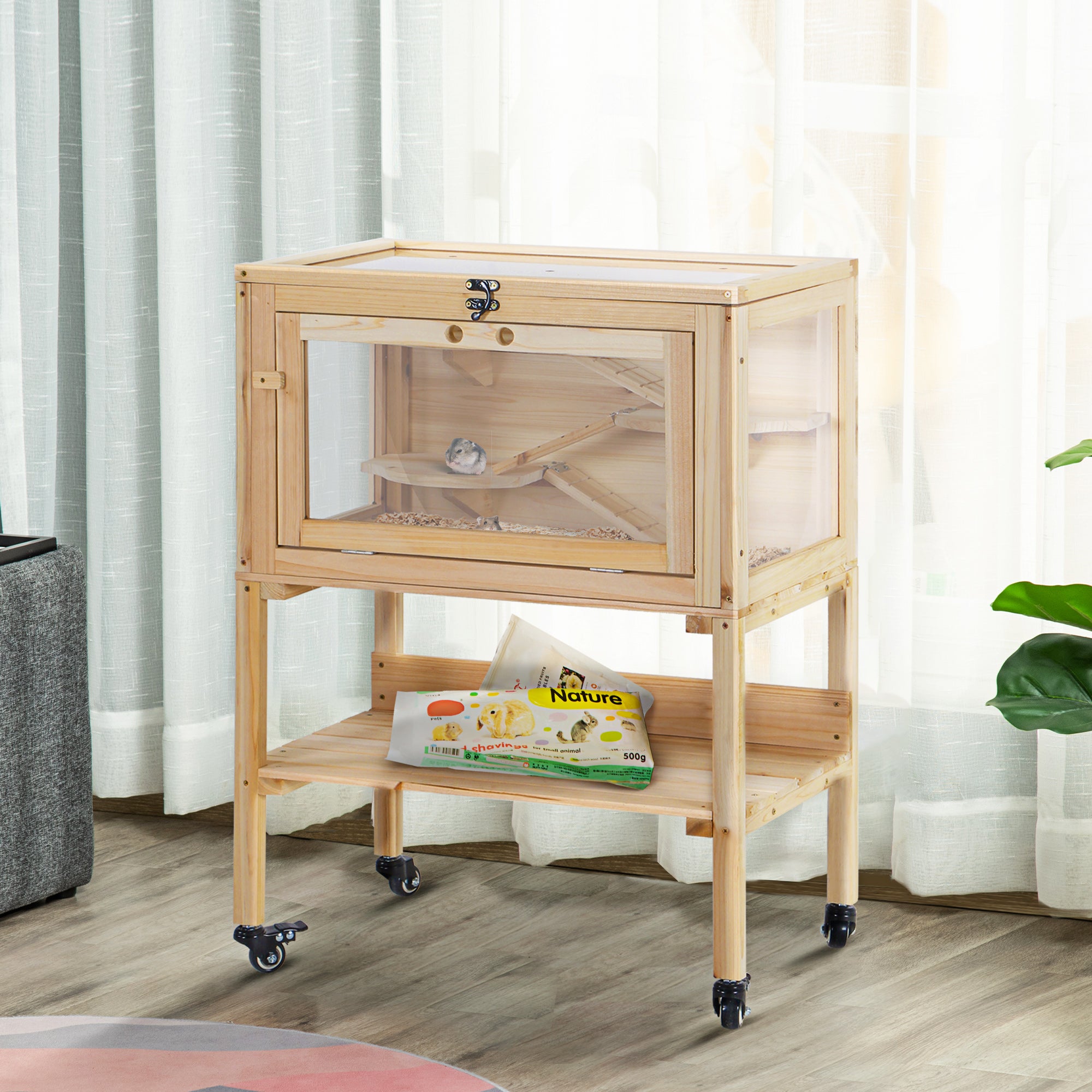 PawHut Wooden Hamster Cage Mouse Rodent Small Animals Hutch Exercise Removeable Play House for Indoor Outdoor Use  60x36x80.5cm