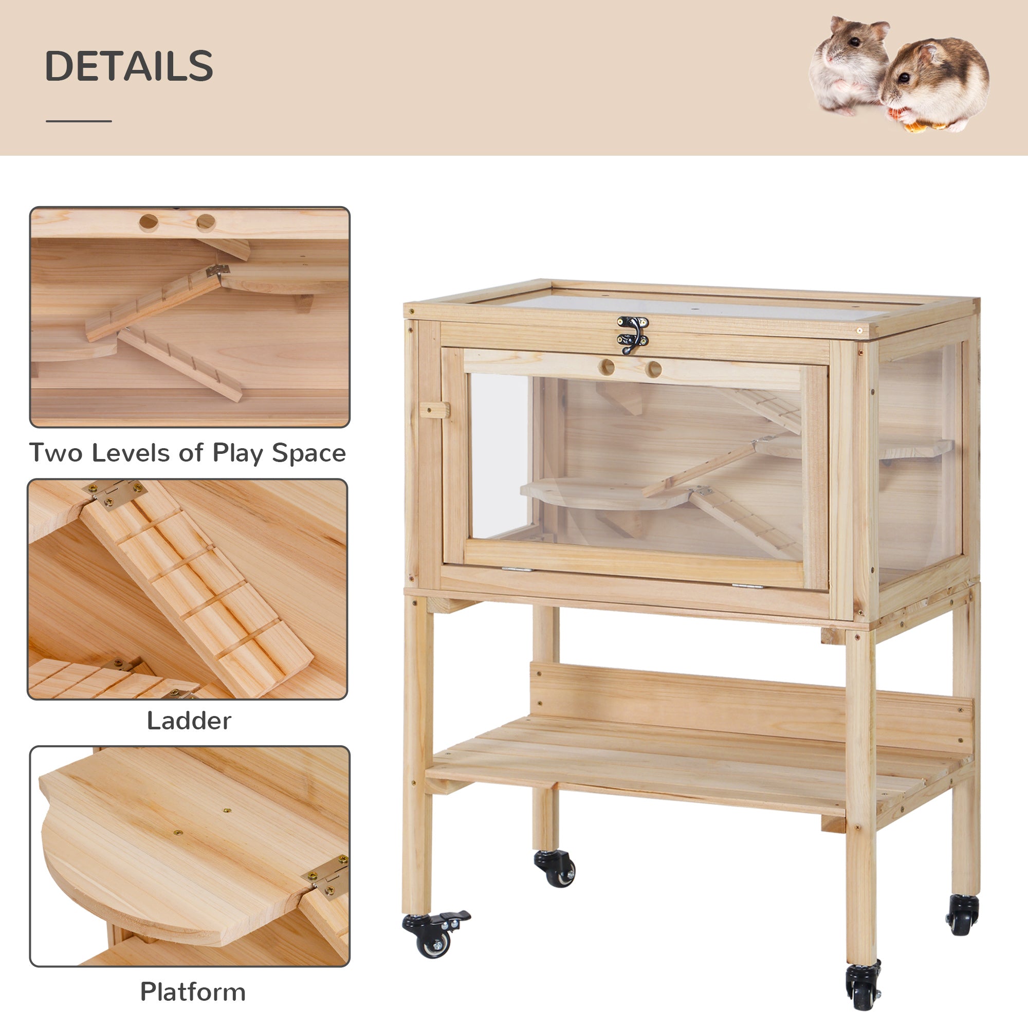 PawHut Wooden Hamster Cage Mouse Rodent Small Animals Hutch Exercise Removeable Play House for Indoor Outdoor Use  60x36x80.5cm