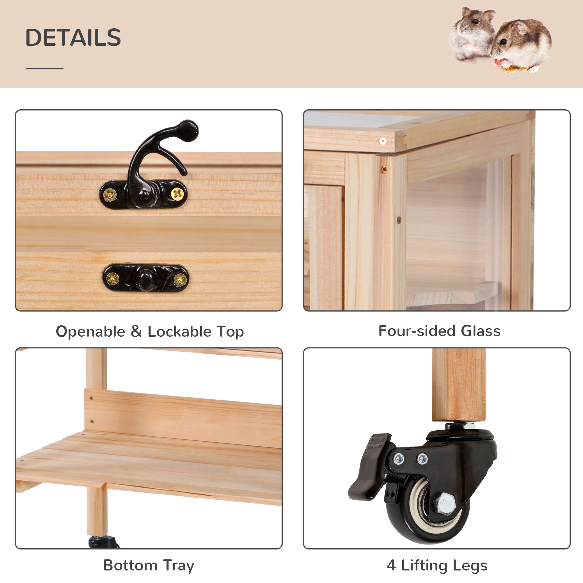 PawHut Wooden Hamster Cage Mouse Rodent Small Animals Hutch Exercise Removeable Play House for Indoor Outdoor Use  60x36x80.5cm