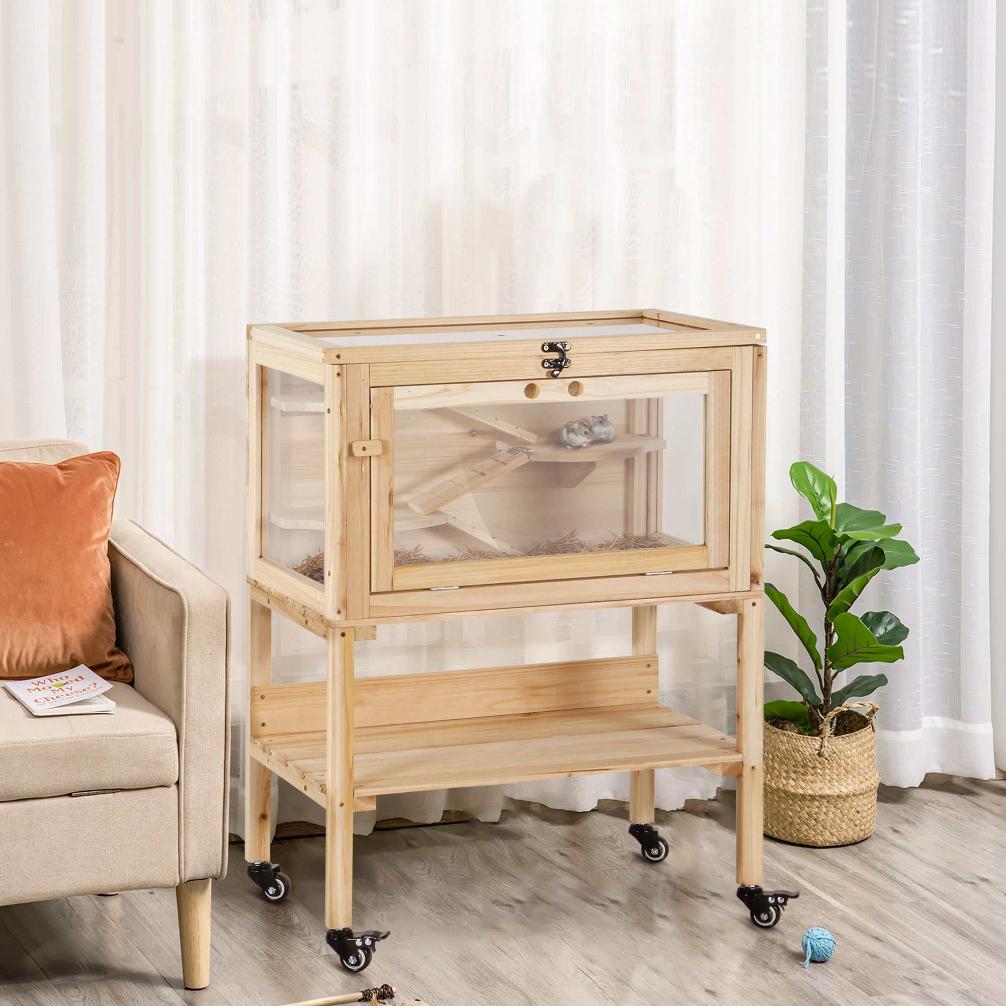 PawHut Wooden Hamster Cage Mouse Rodent Small Animals Hutch Exercise Removeable Play House for Indoor Outdoor Use  60x36x80.5cm