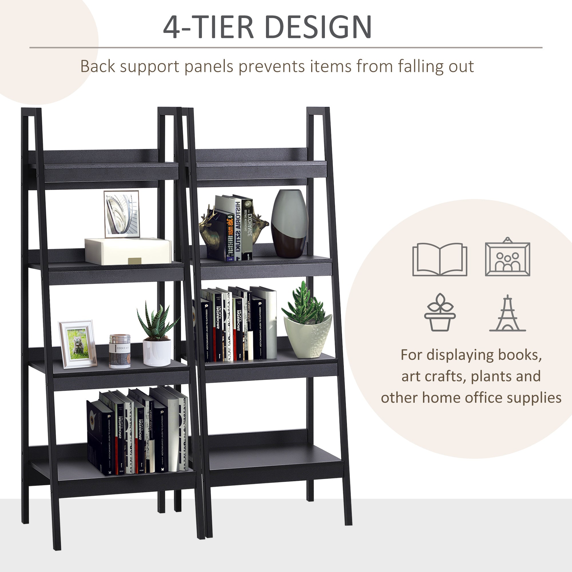 HOMCOM Set of 2, 4 Tier Ladder Shelf Bookcase, Multi-Use Display Rack, Storage Shelving Unit Display Stand, Flower Plant Stand, Home Office Furniture, Black