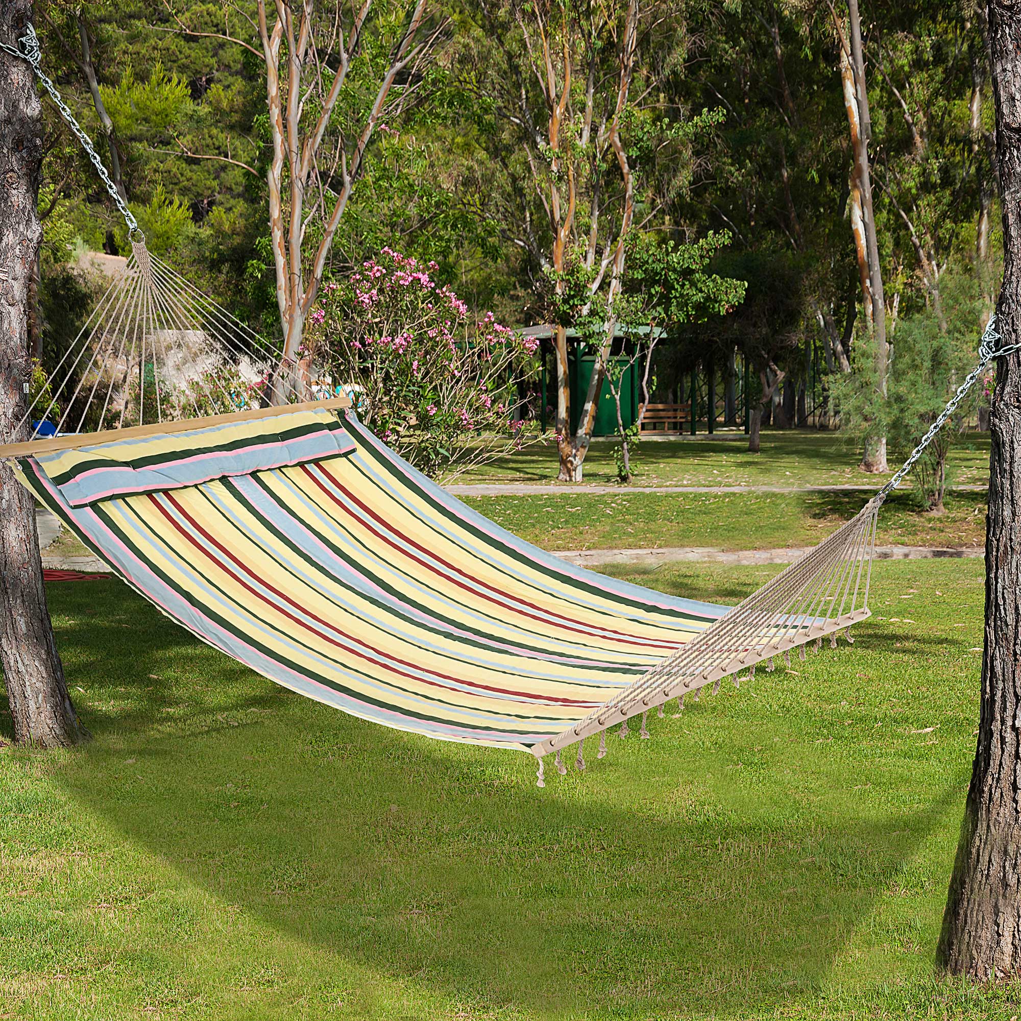 Outsunny 83" Patio Double Hammock, Wide Outdoor Hammock Bed Striped Fits 2 People Sunbed Camping hang Sleep w/ Pillow, Red Stripe