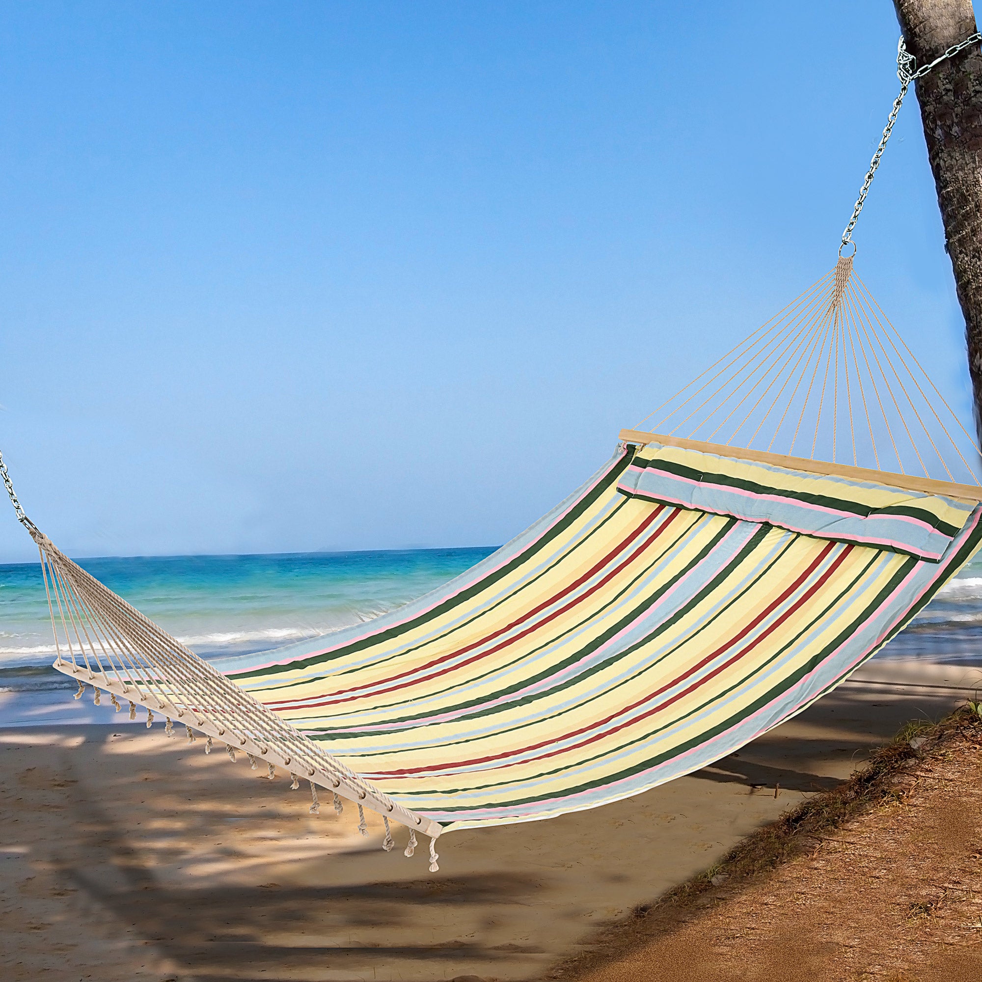 Outsunny 83" Patio Double Hammock, Wide Outdoor Hammock Bed Striped Fits 2 People Sunbed Camping hang Sleep w/ Pillow, Red Stripe