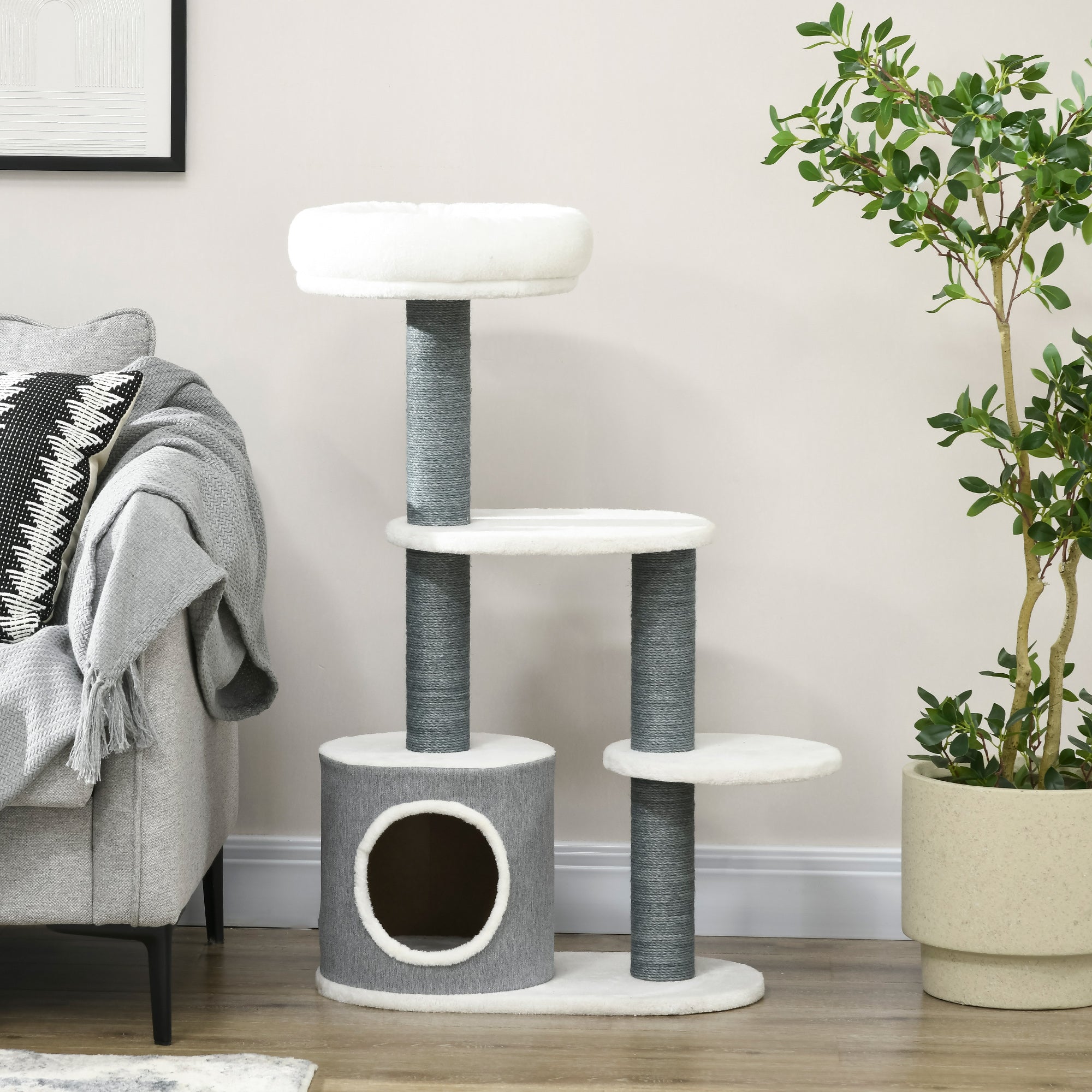 PawHut 39" Cat Tree for Indoor, Cat Tower with Scratching Posts, Condo, Top Perch, Platforms, Multi-level Kitten Activity Centre, White