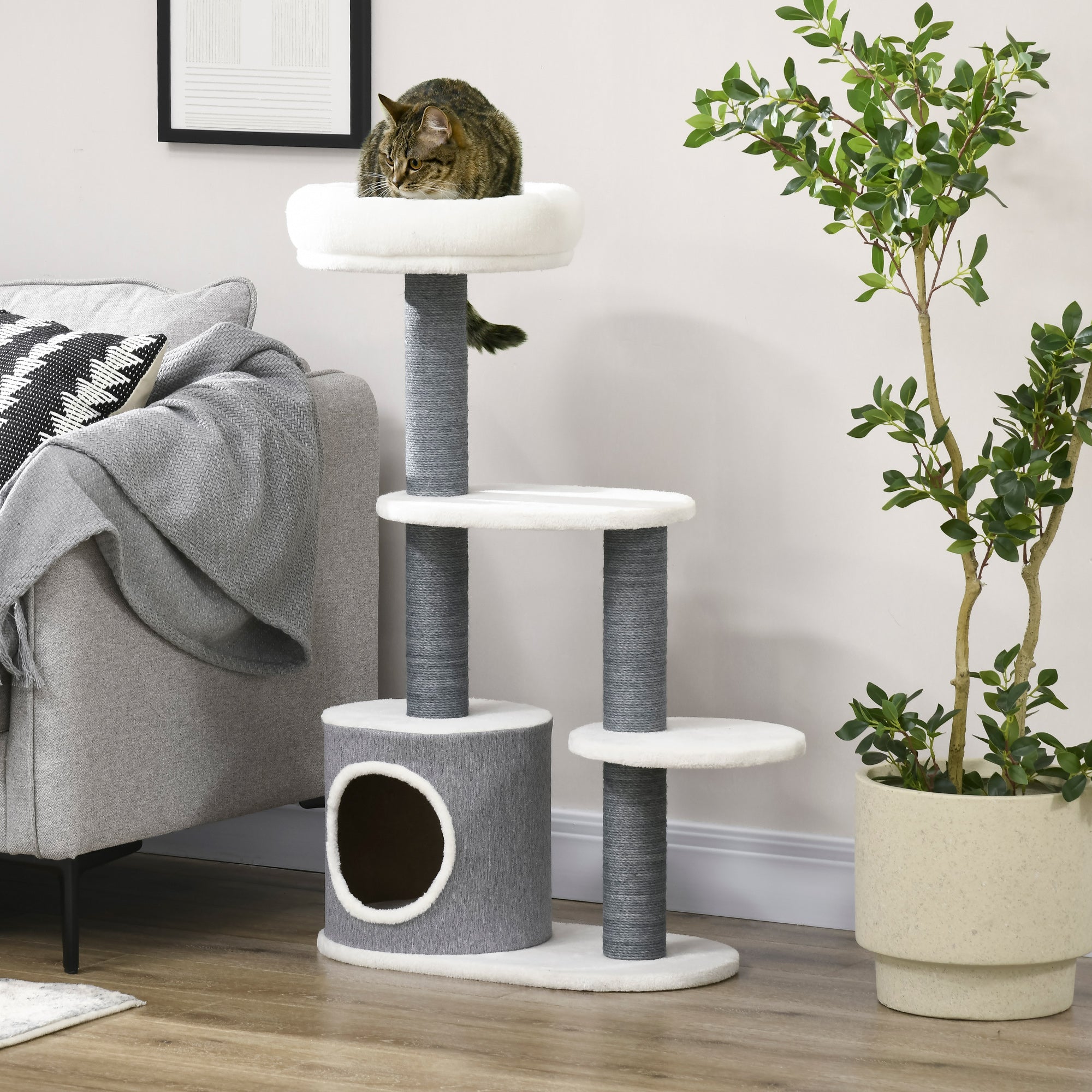 PawHut 39" Cat Tree for Indoor, Cat Tower with Scratching Posts, Condo, Top Perch, Platforms, Multi-level Kitten Activity Centre, White
